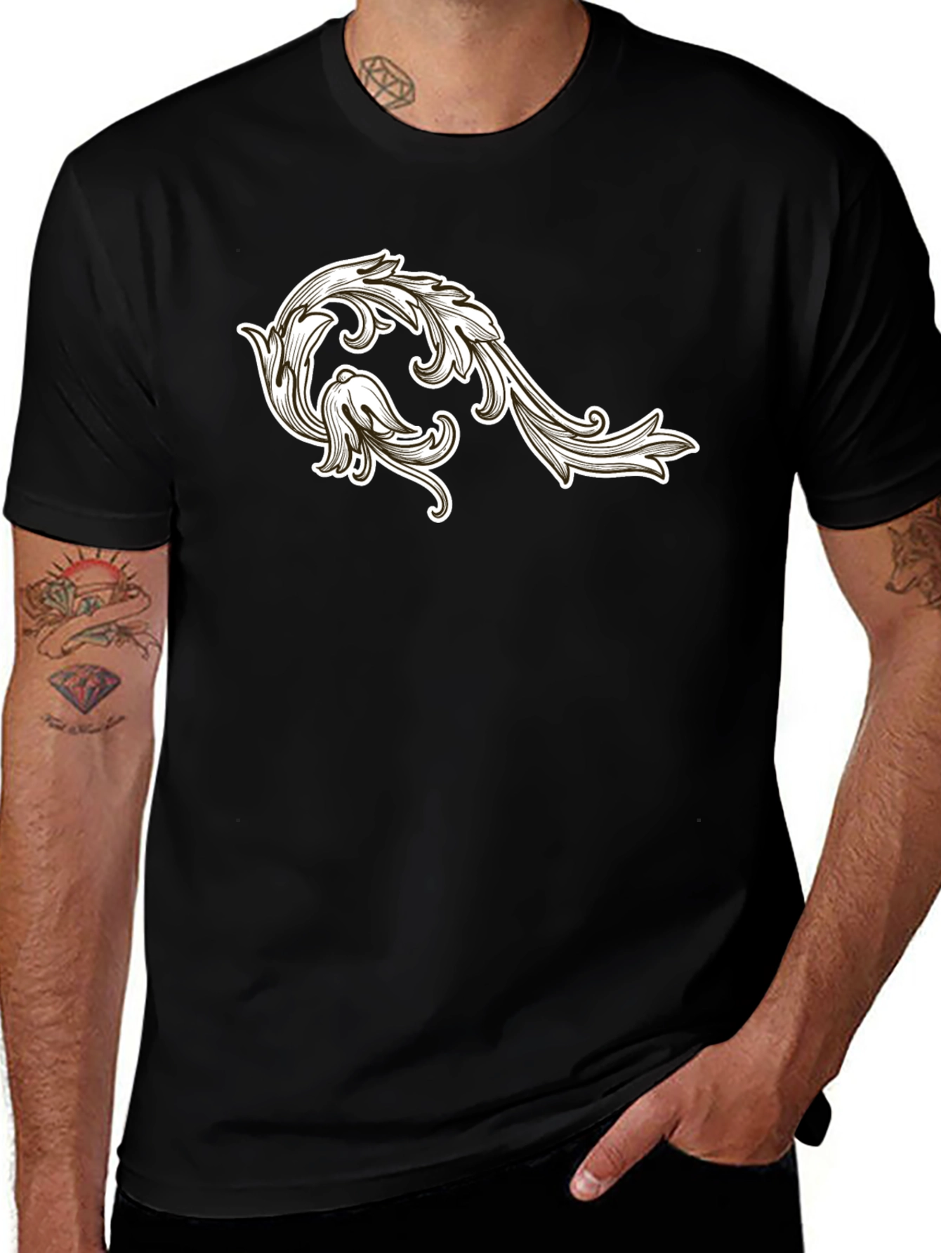 Mens Black T-Shirt with Floral Ornament Design
