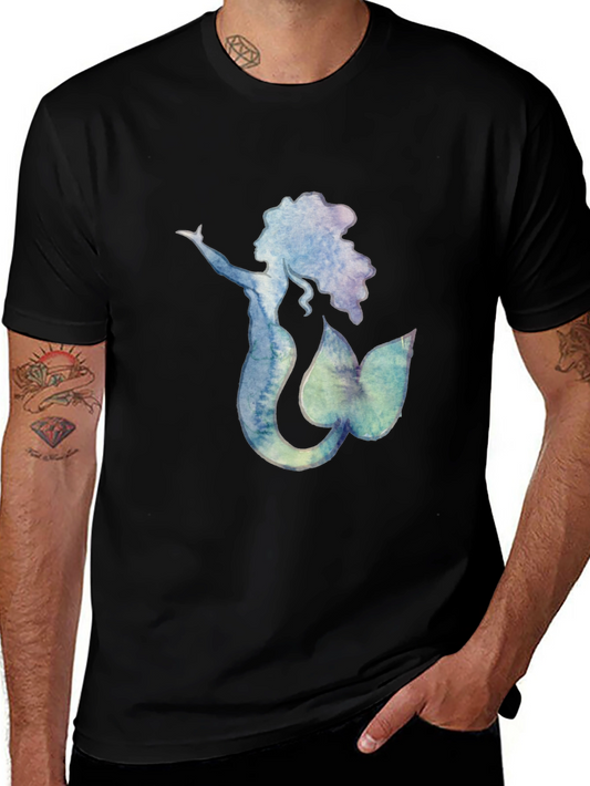 Watercolor Mermaid Graphic Tee - Black Cotton