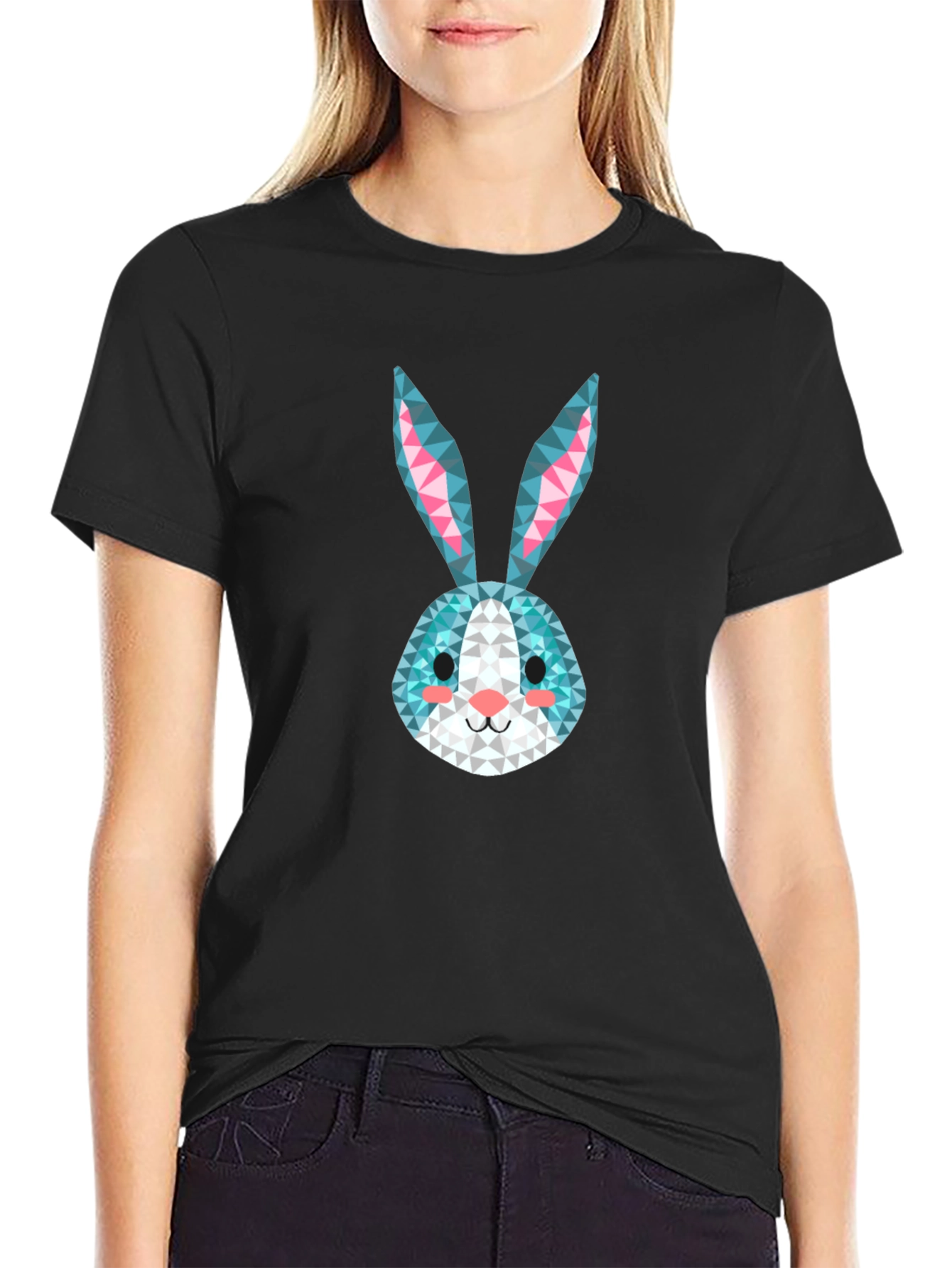 Geometric Rabbit Print Black T-Shirt