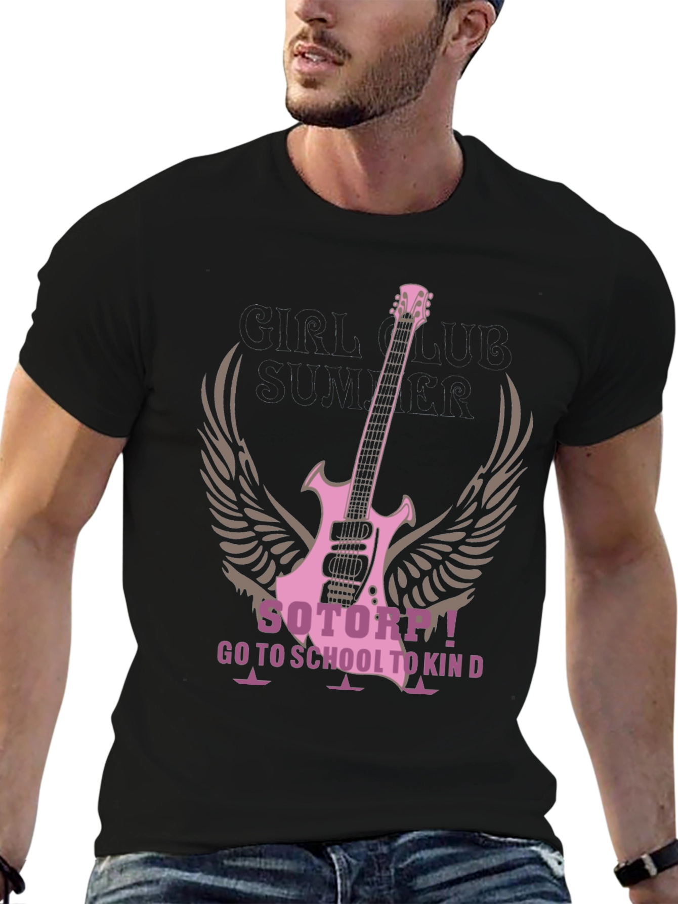 Pink Guitar Wings Black T-Shirt