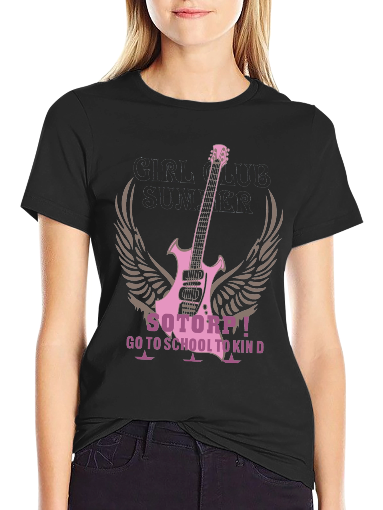 Pink Guitar Wings Black T-Shirt