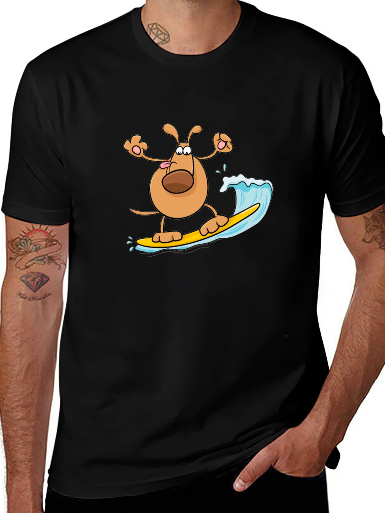 Dog Surfing T-Shirt - Black Cotton Tee