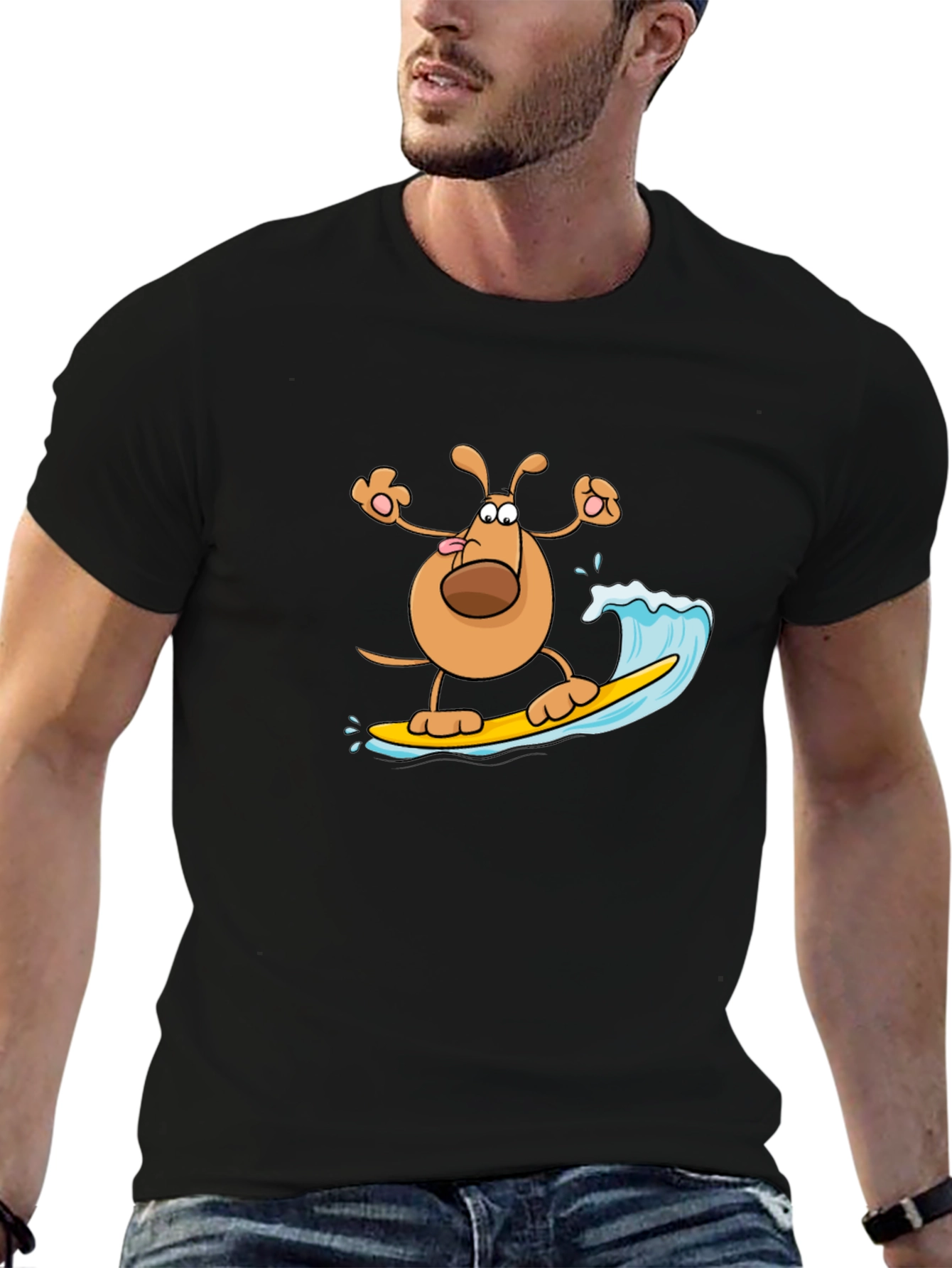 Dog Surfing T-Shirt - Black Cotton Tee