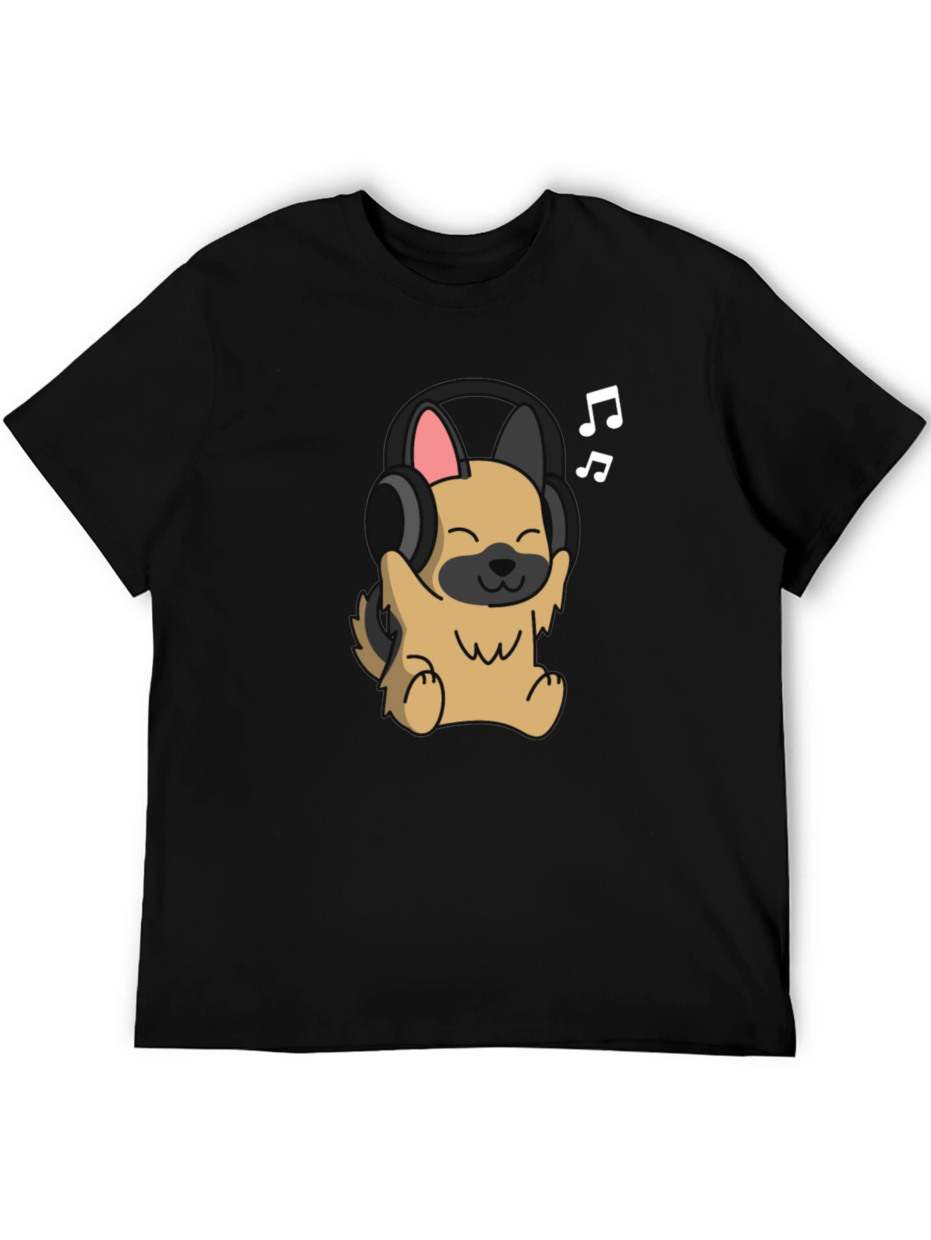 Dog with Headphones Graphic Tee - Black Cotton T-Shirt
