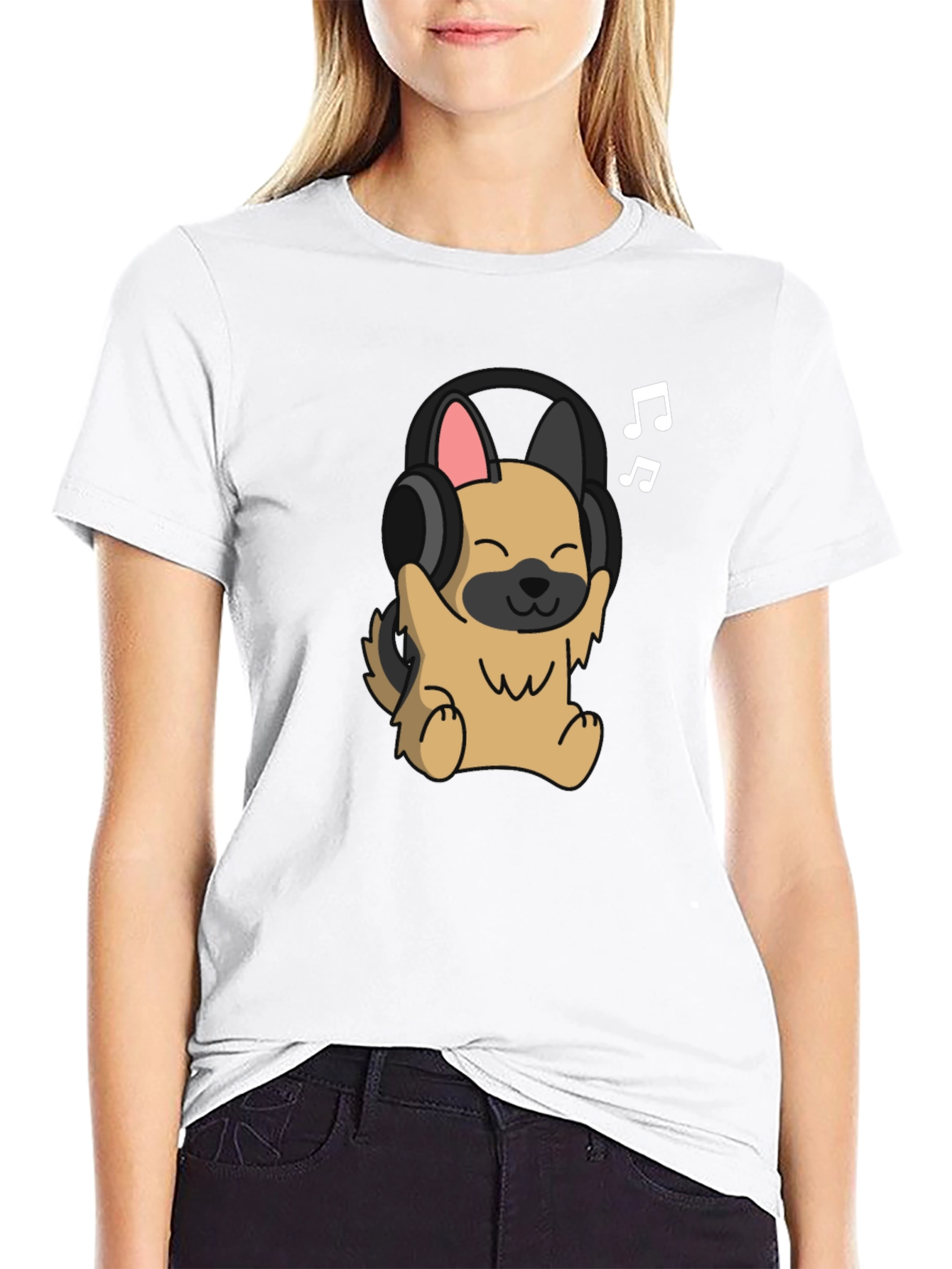 Dog with Headphones Graphic Tee - Black Cotton T-Shirt