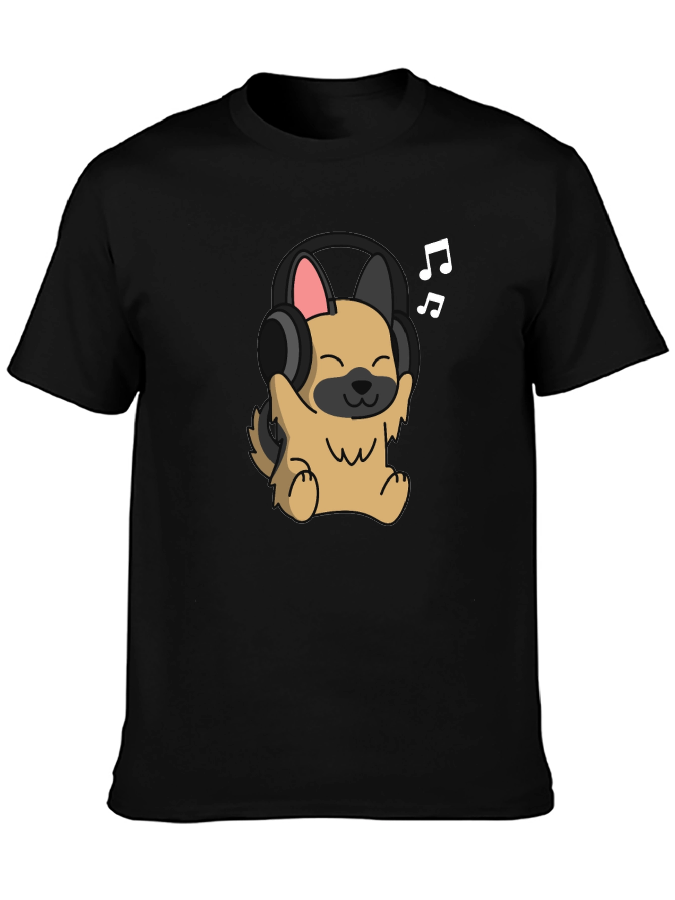 Dog with Headphones Graphic Tee - Black Cotton T-Shirt