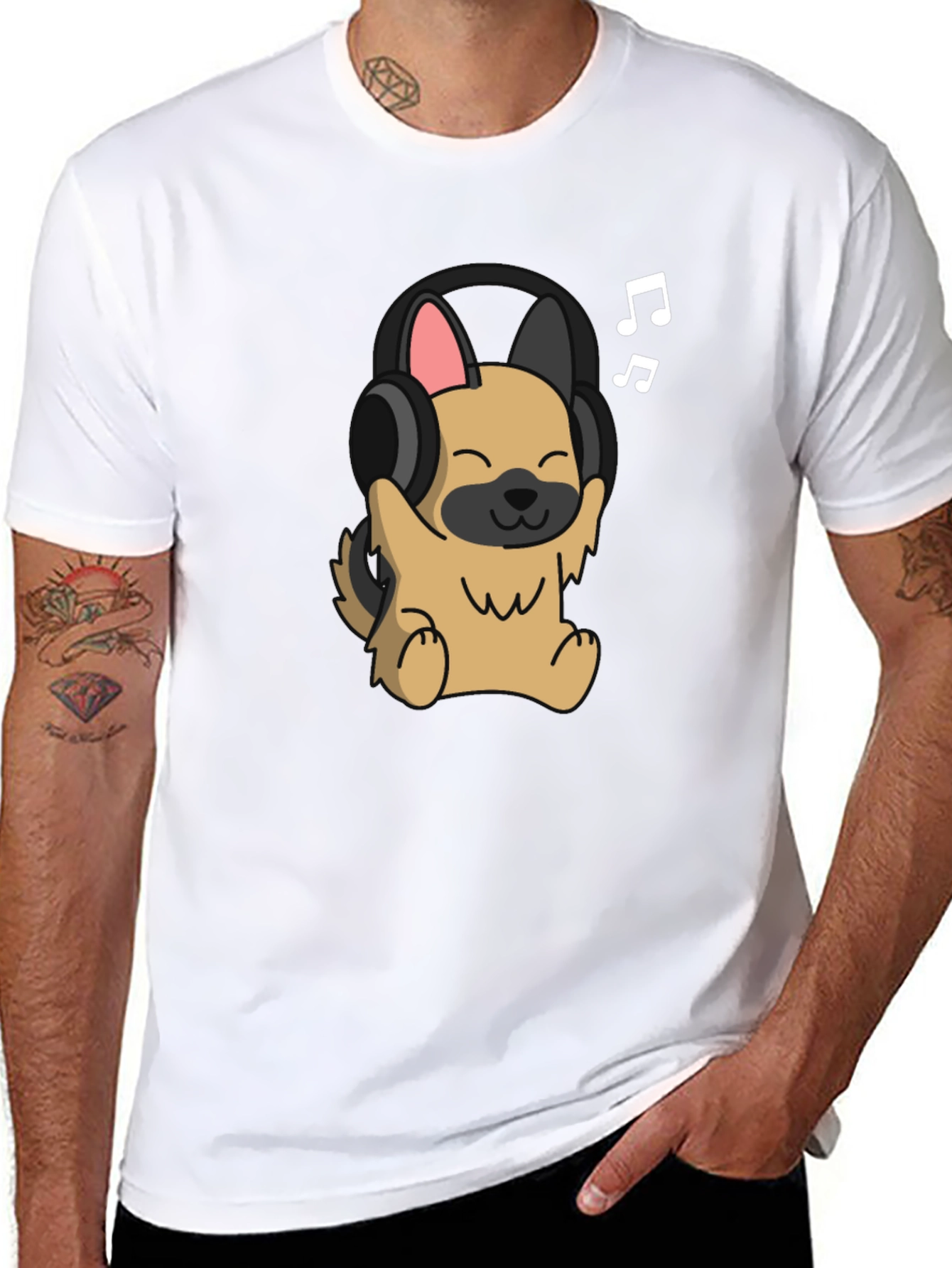 Dog with Headphones Graphic Tee - Black Cotton T-Shirt