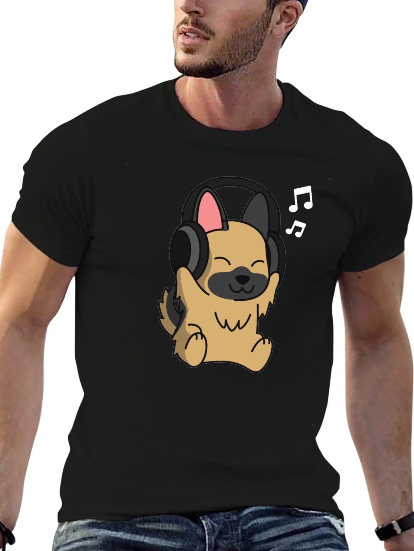 Dog with Headphones Graphic Tee - Black Cotton T-Shirt