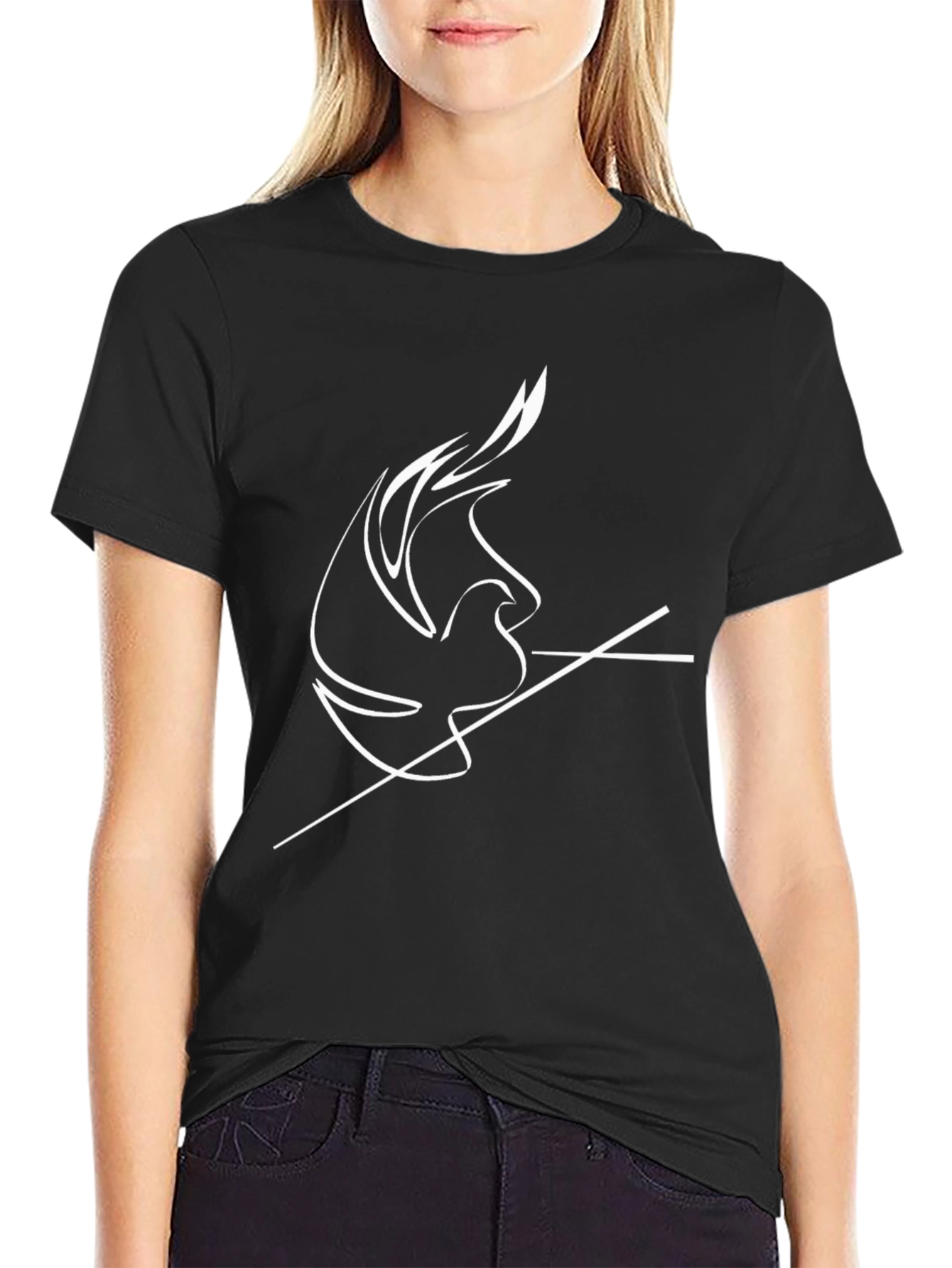 Minimalist Dove Line Art Black T-Shirt