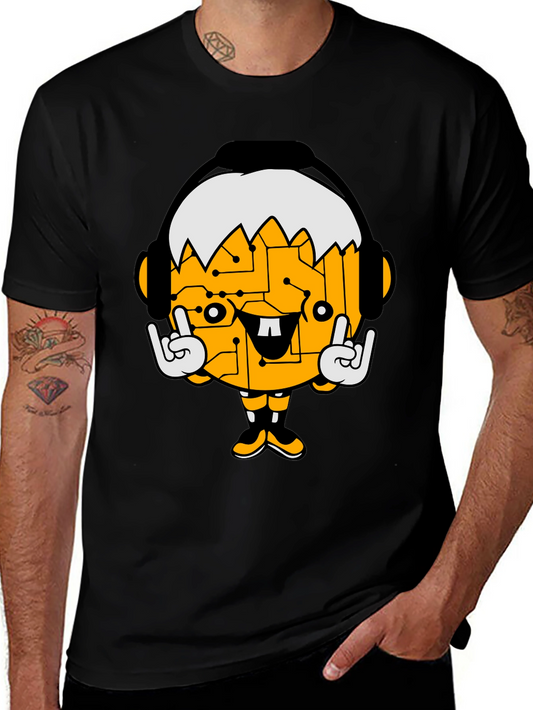 Tech Head Cartoon Graphic Black T-Shirt