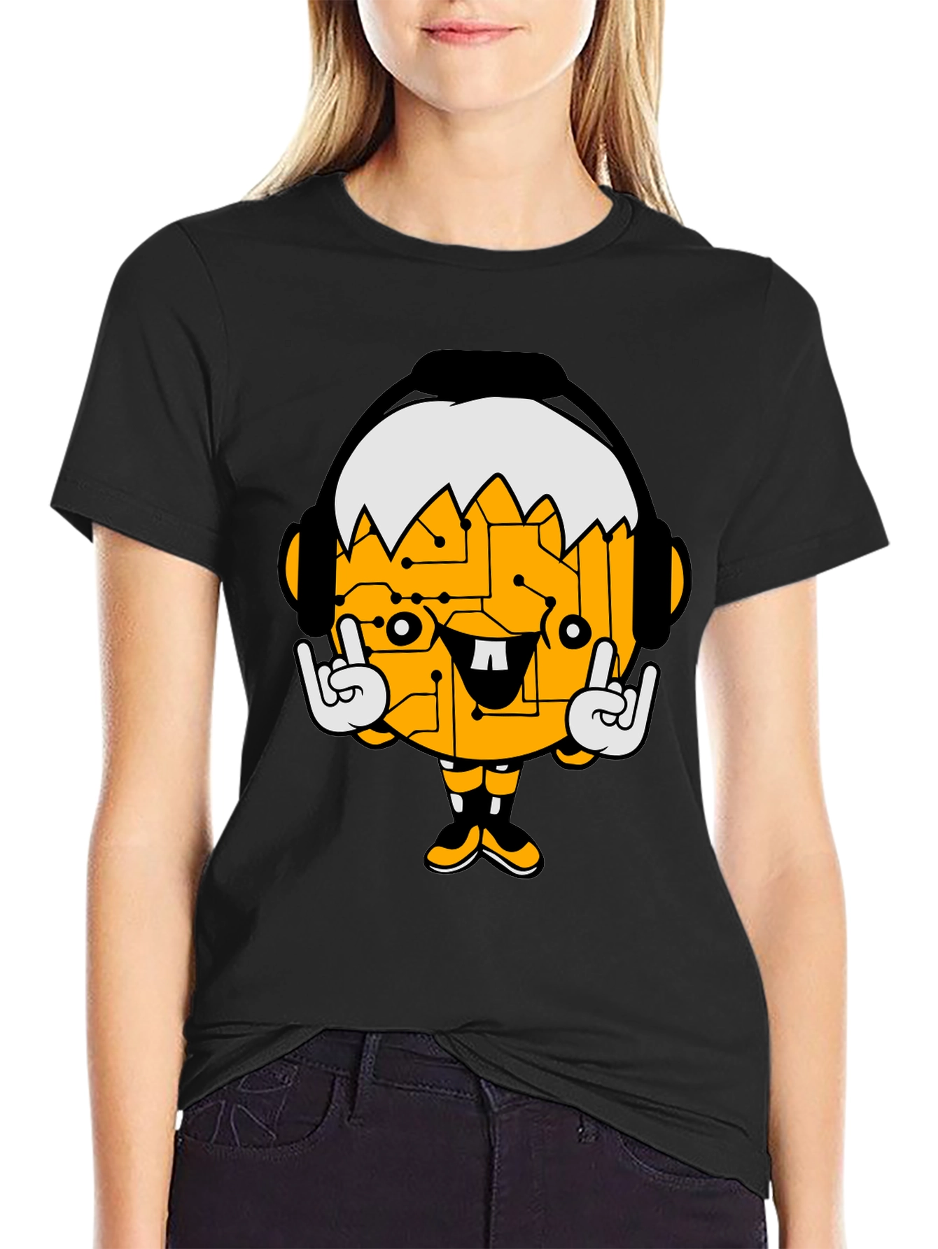 Tech Head Cartoon Graphic Black T-Shirt