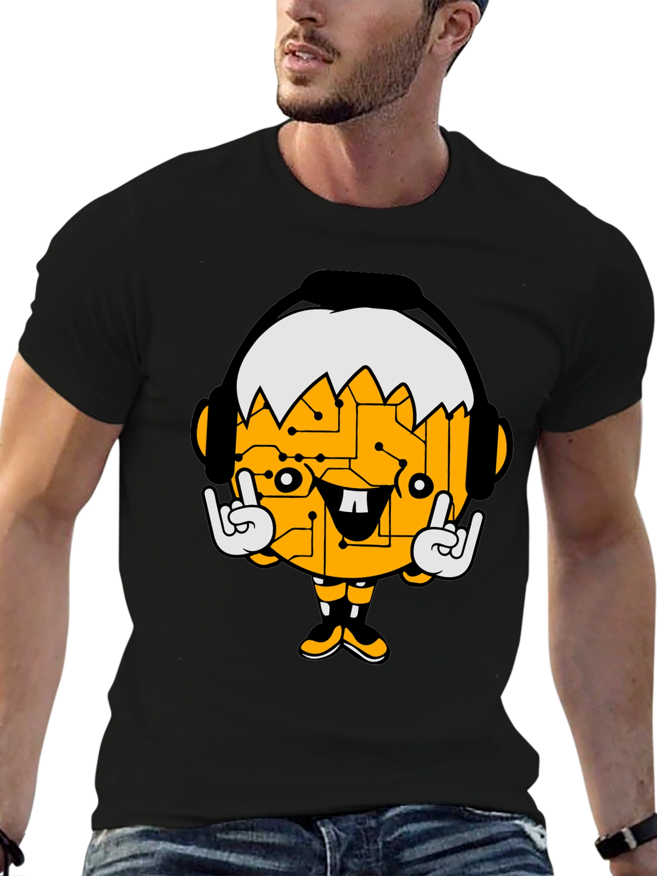 Tech Head Cartoon Graphic Black T-Shirt