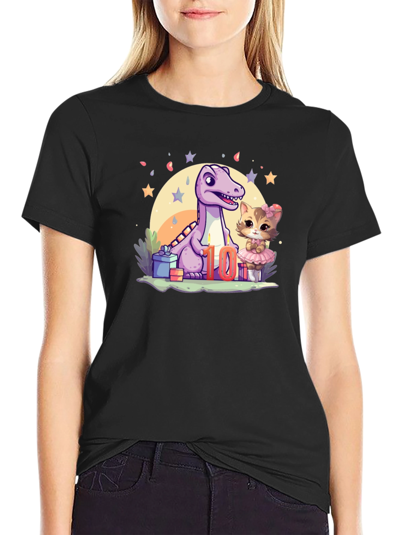 Cute 10th Birthday Dinosaur & Kitty T-Shirt
