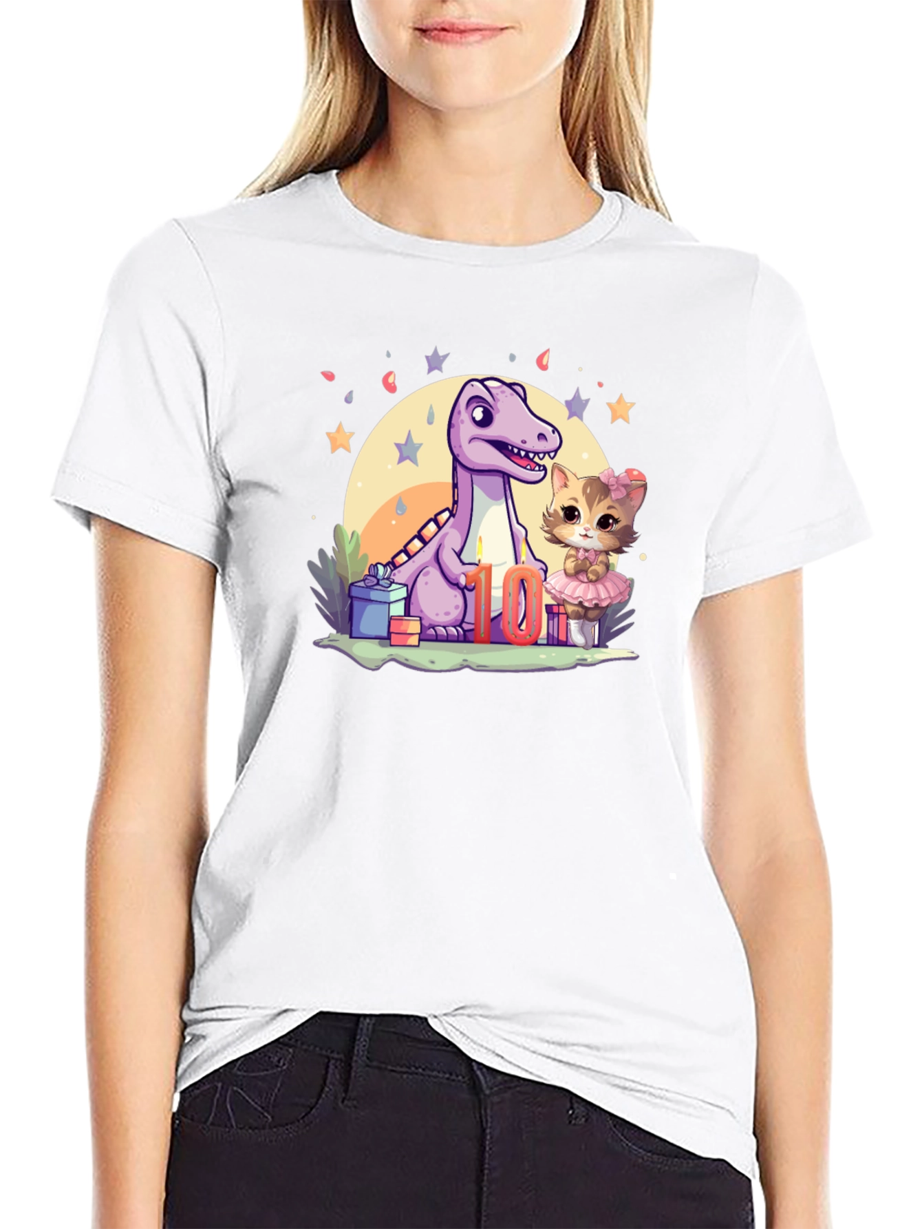 Cute 10th Birthday Dinosaur & Kitty T-Shirt