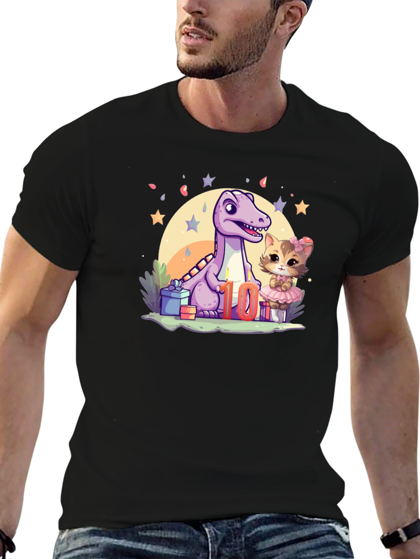 Cute 10th Birthday Dinosaur & Kitty T-Shirt