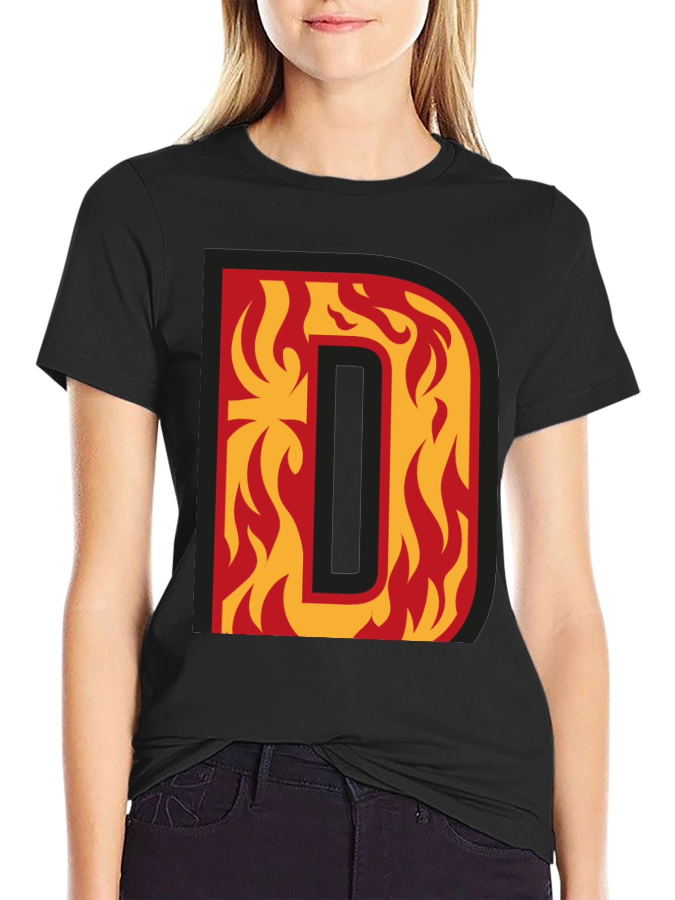 Fiery Letter D Graphic Tee - Bold Black T-Shirt