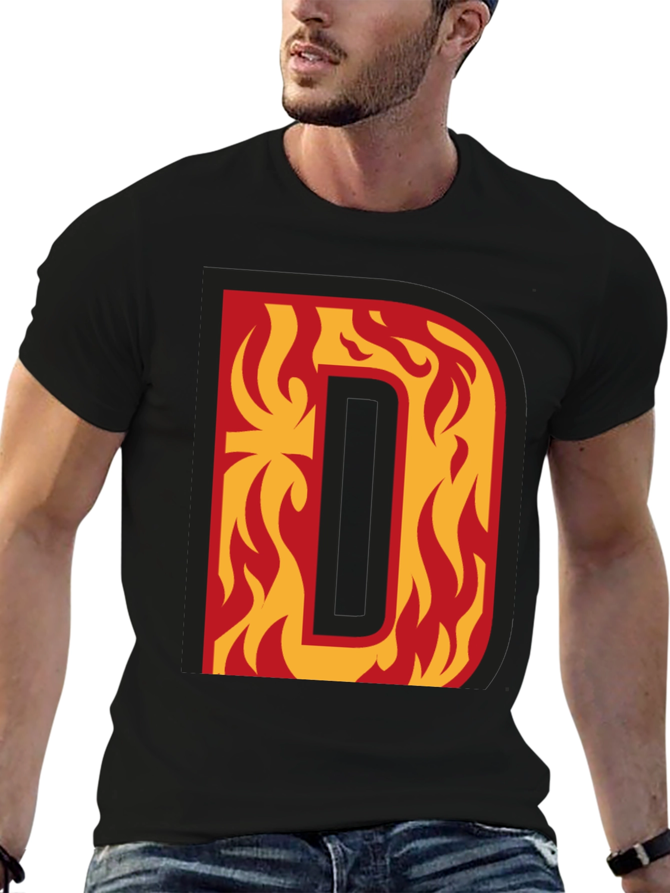 Fiery Letter D Graphic Tee - Bold Black T-Shirt