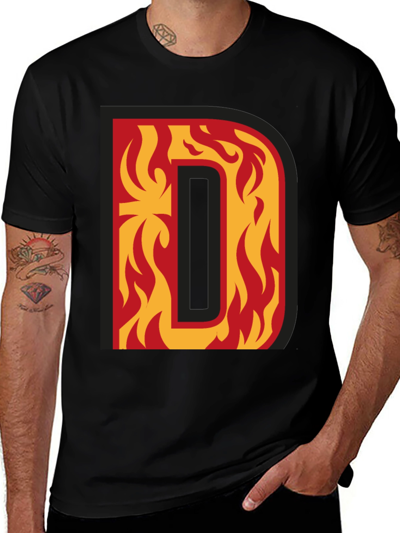 Fiery Letter D Graphic Tee - Bold Black T-Shirt
