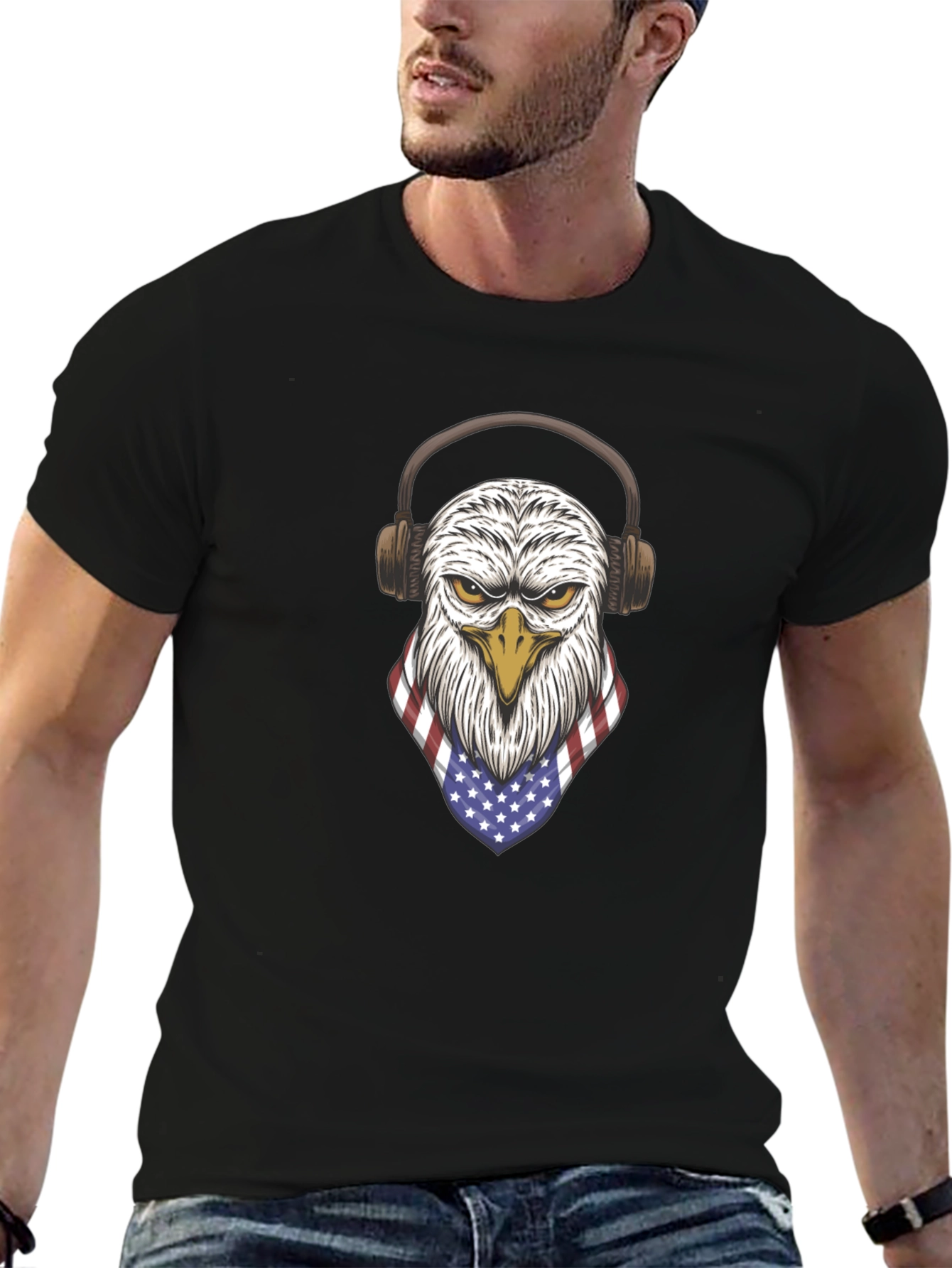 Eagle USA Flag Headphones Graphic T-Shirt