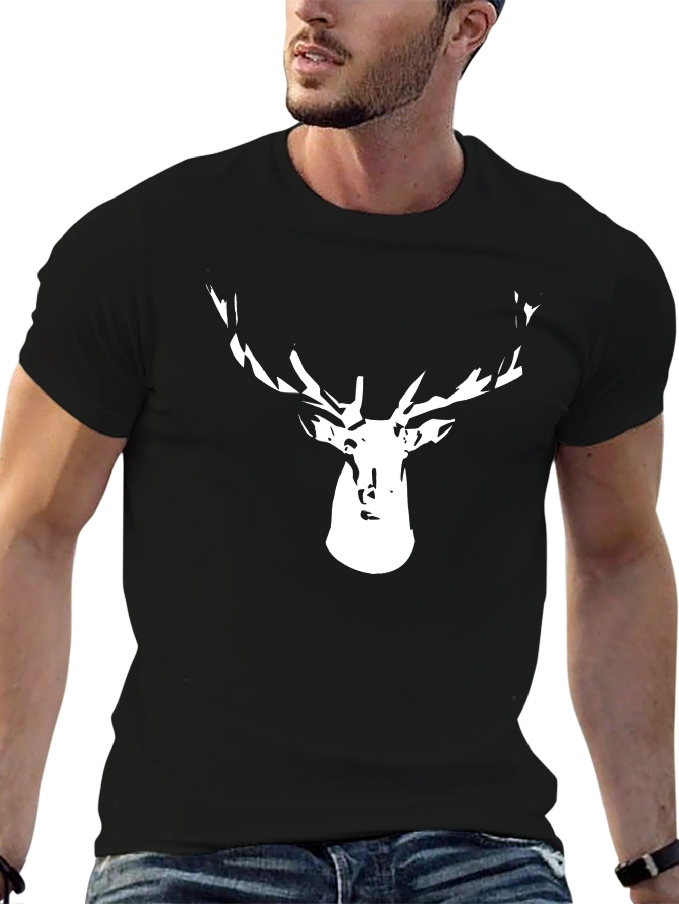 Mens Black T-Shirt with Deer Head Graphic