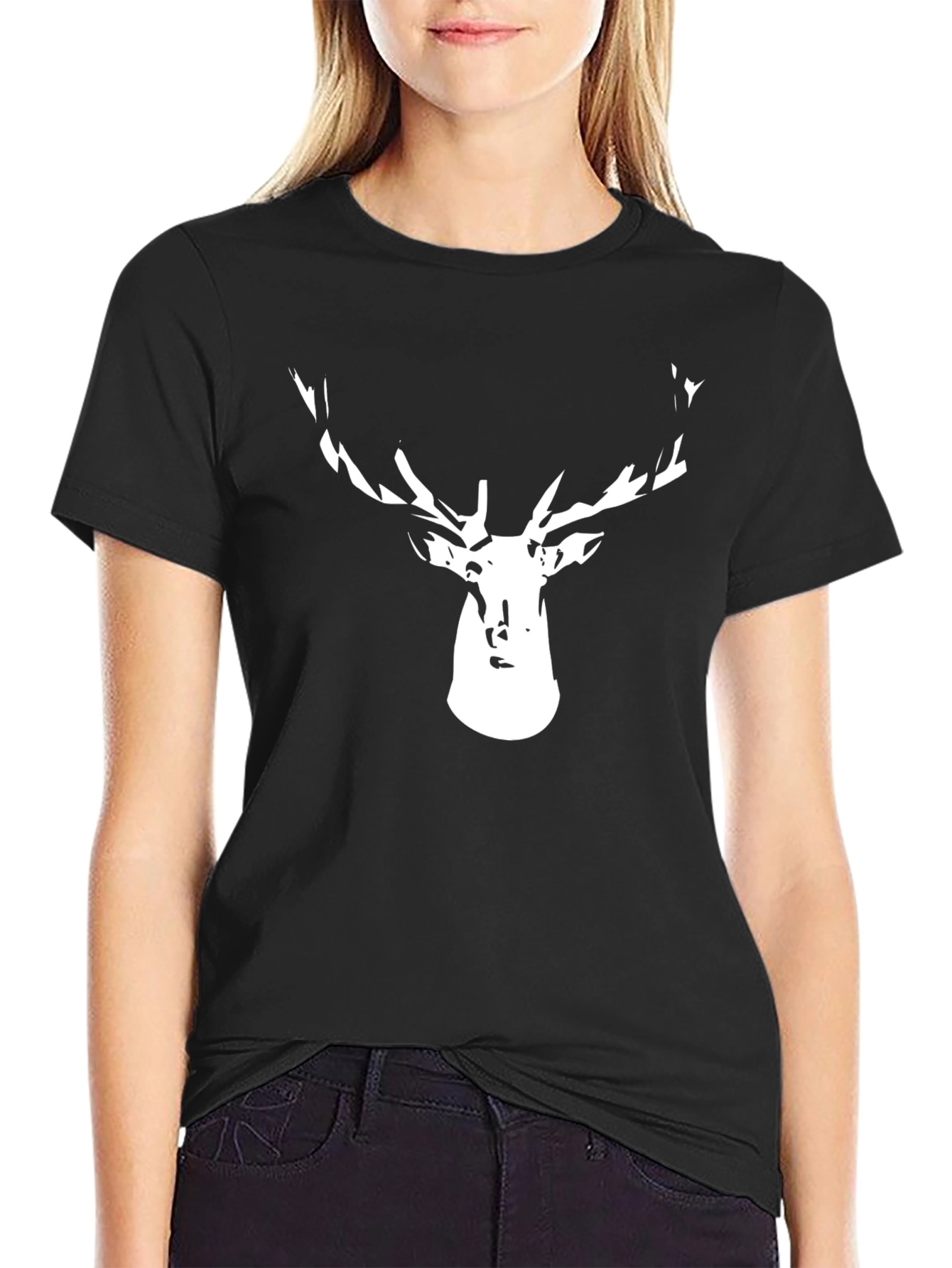 Mens Black T-Shirt with Deer Head Graphic