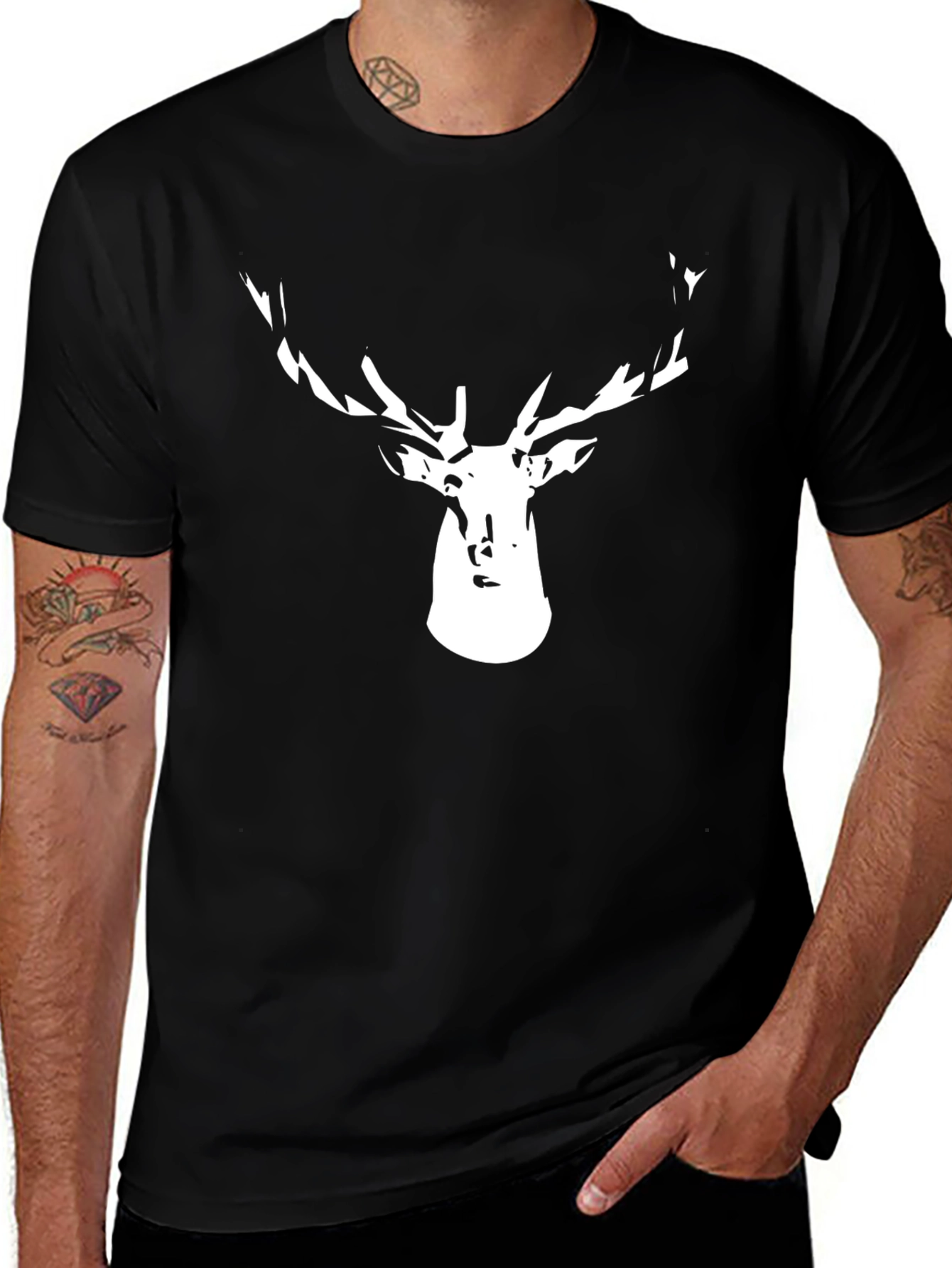 Mens Black T-Shirt with Deer Head Graphic