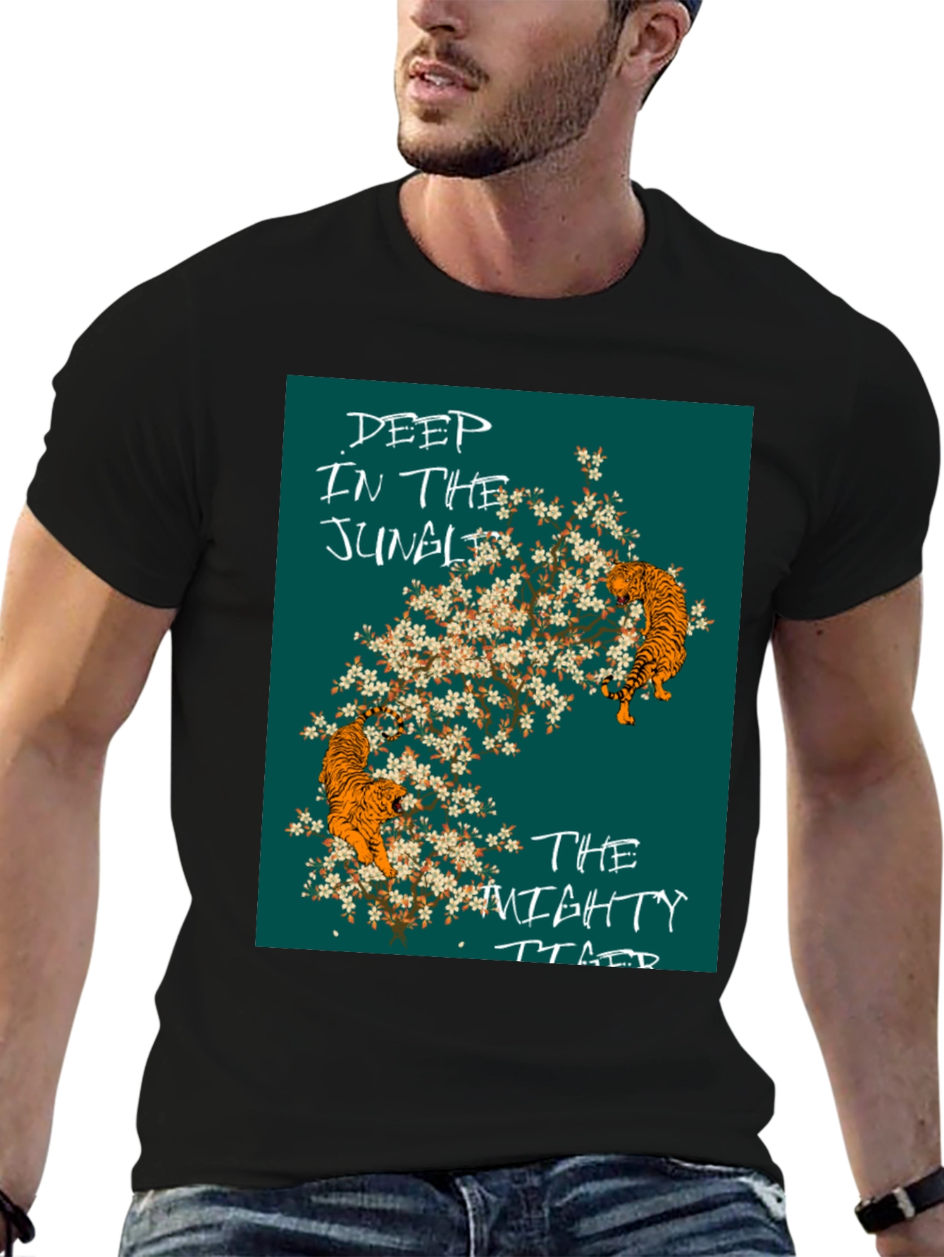 Jungle Tiger Graphic Tee - Stylish Mens Black T-Shirt