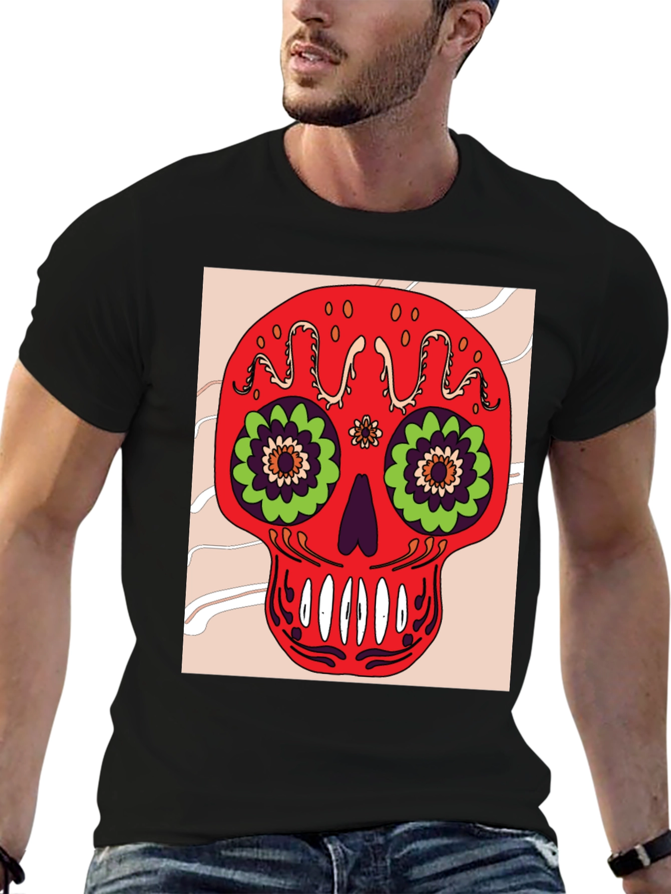 Sugar Skull Graphic Tee - Mens Black Cotton T-Shirt