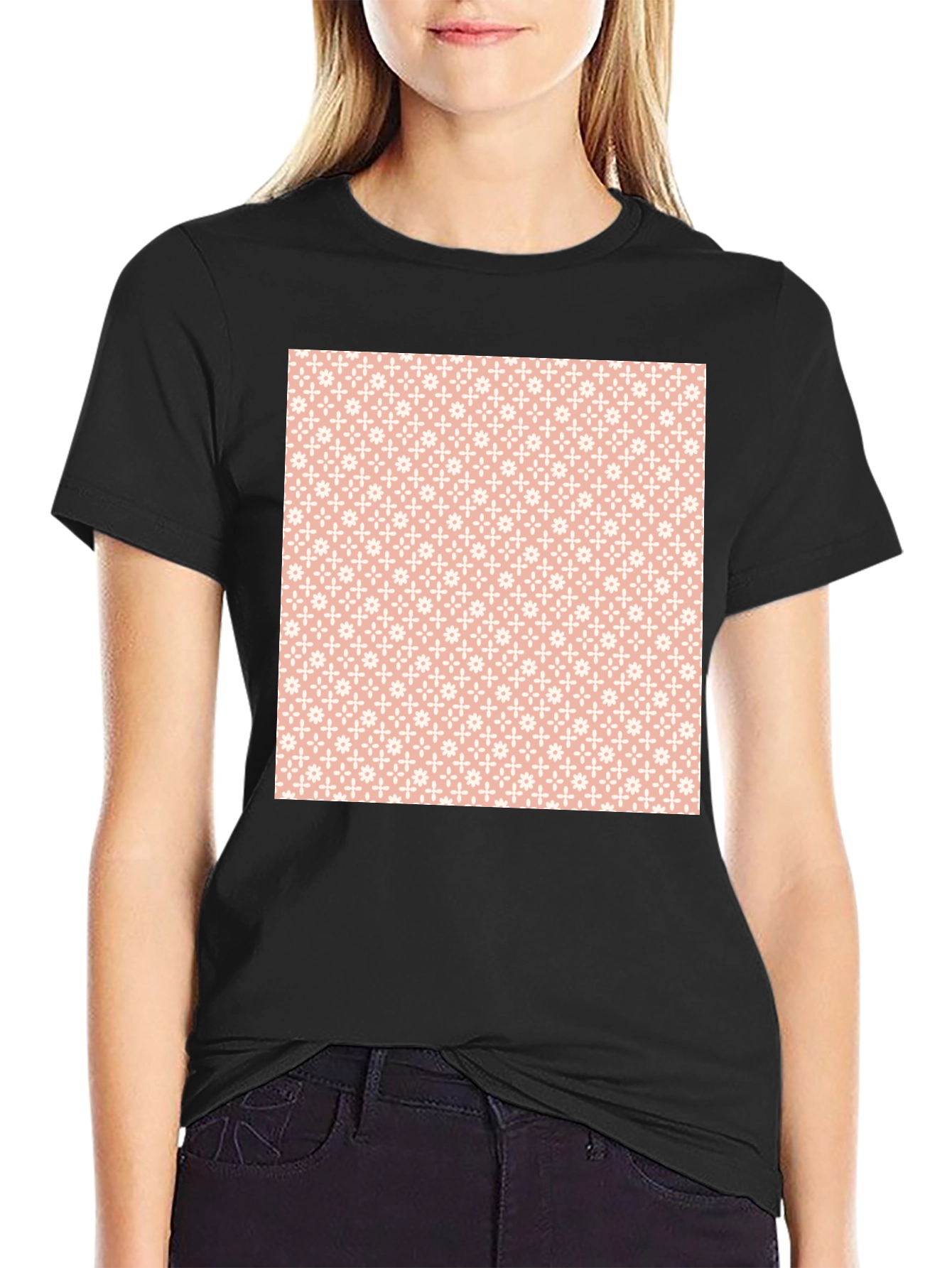 Stylish Black Tee with Peach Floral Pattern