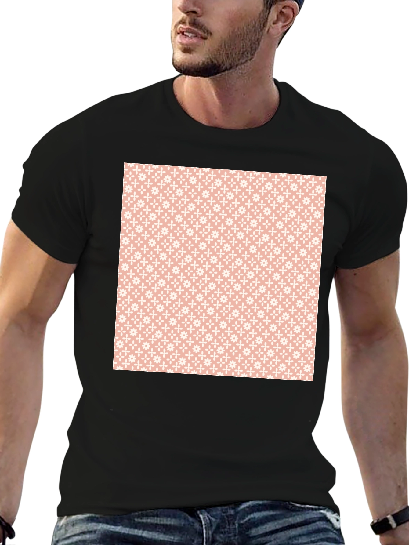 Stylish Black Tee with Peach Floral Pattern