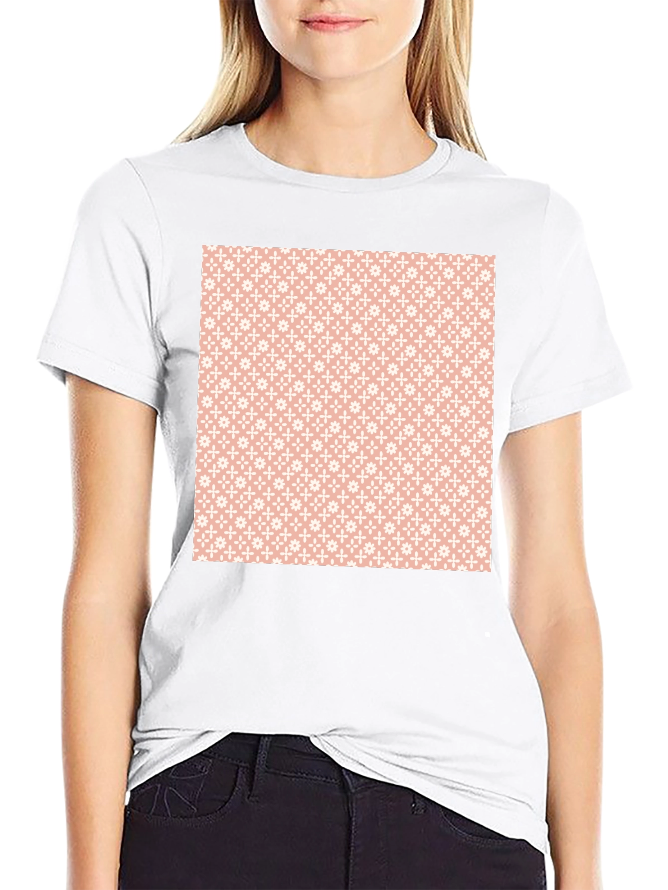 Stylish Black Tee with Peach Floral Pattern