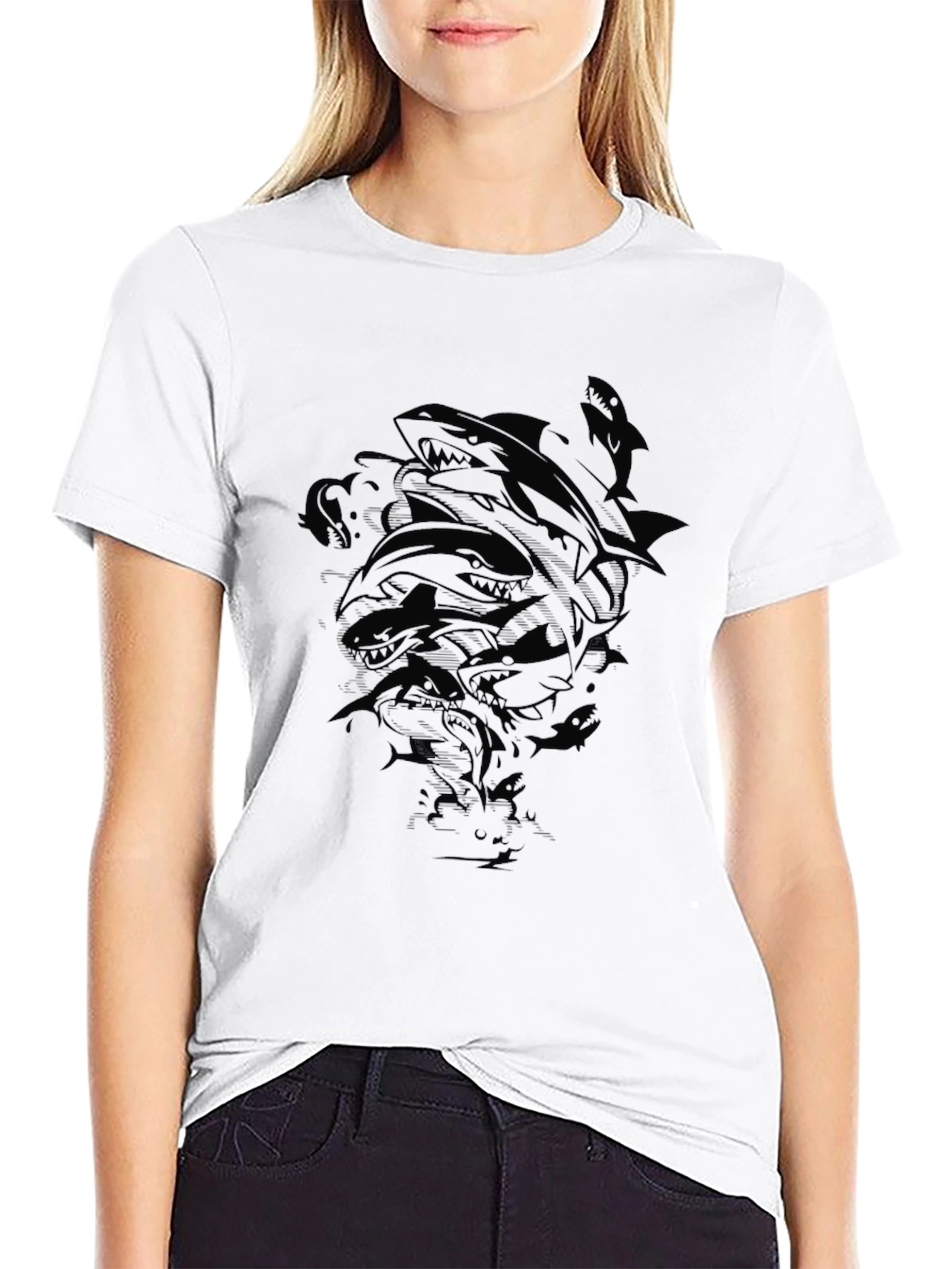 Mens Black Shark Graphic Print Crew Neck T-Shirt