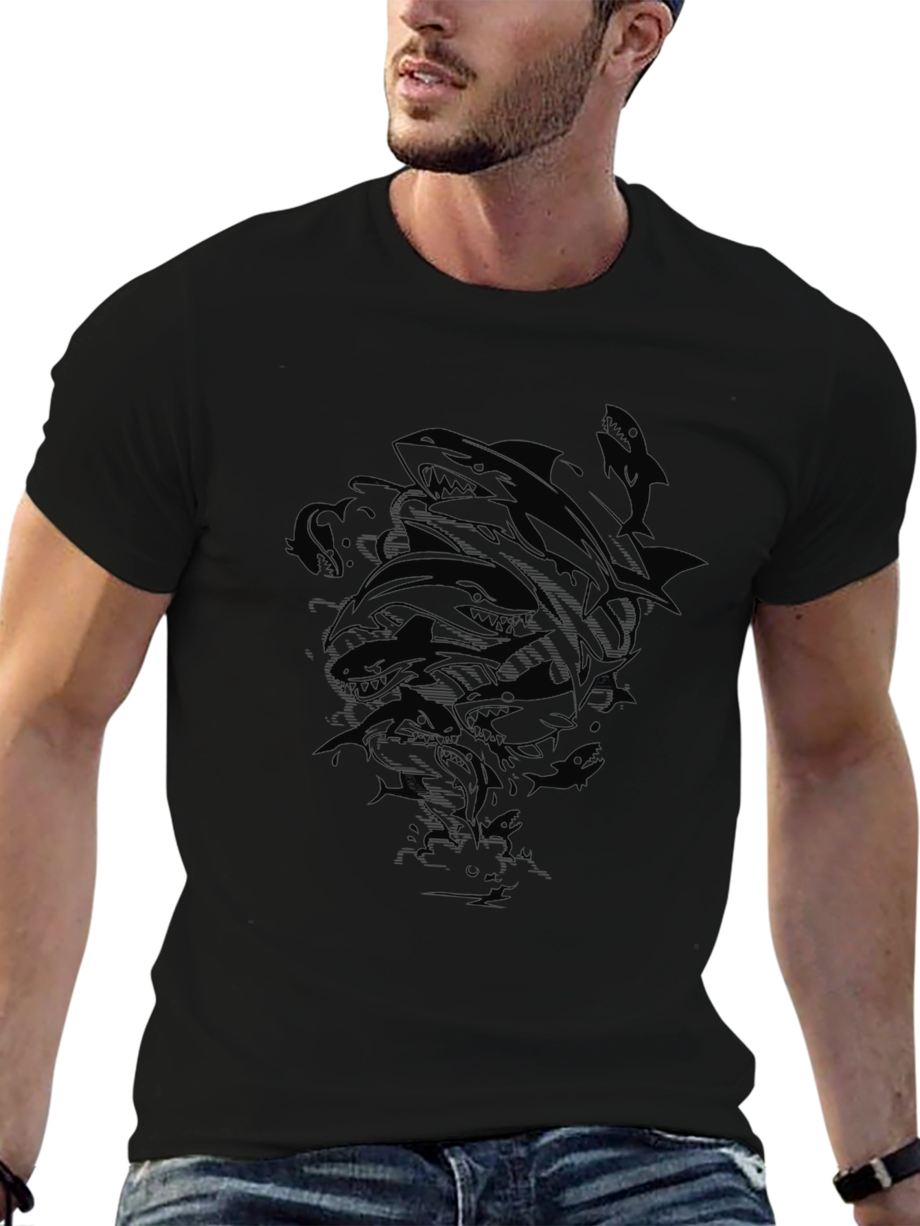 Mens Black Shark Graphic Print Crew Neck T-Shirt