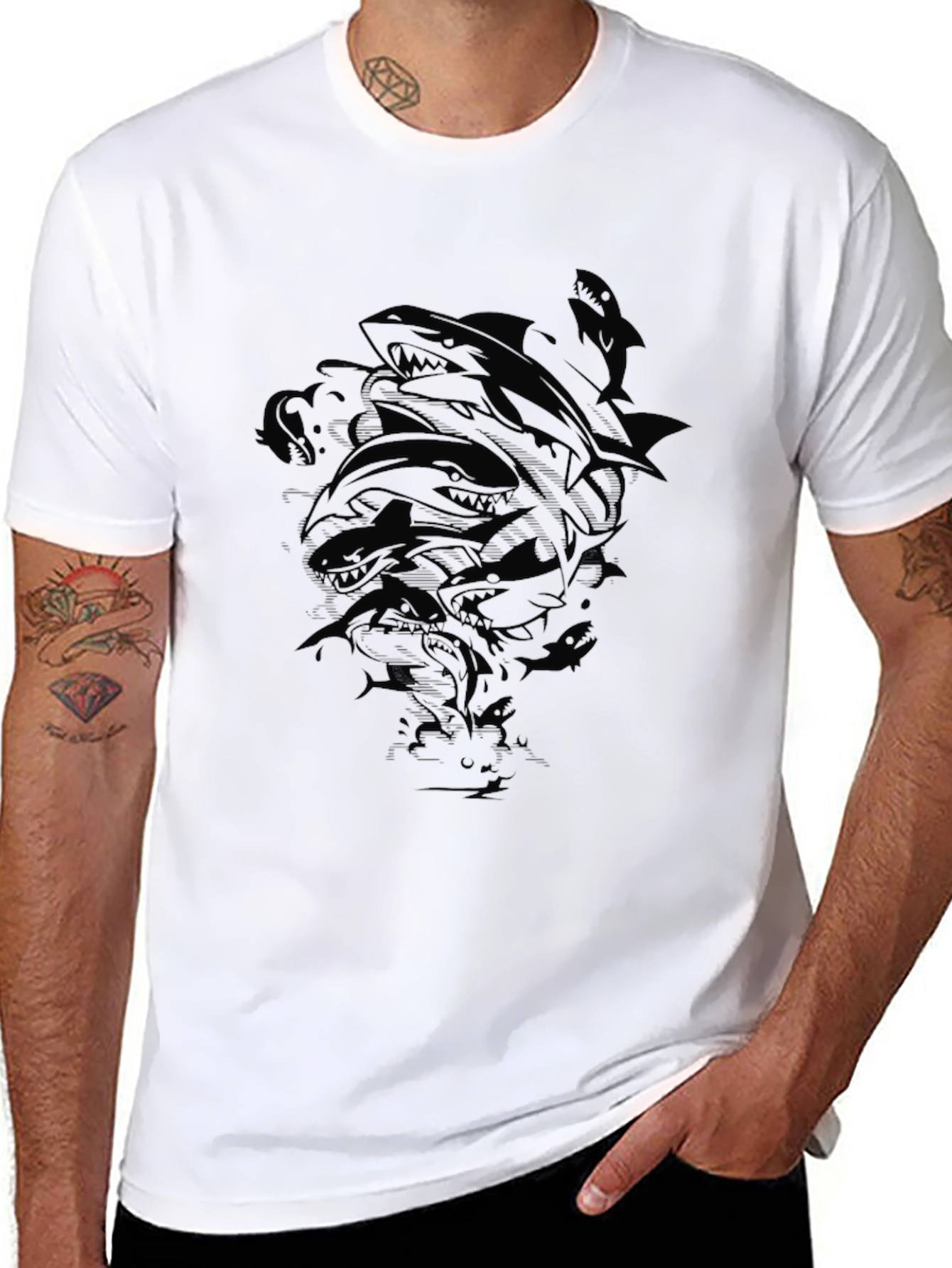 Mens Black Shark Graphic Print Crew Neck T-Shirt