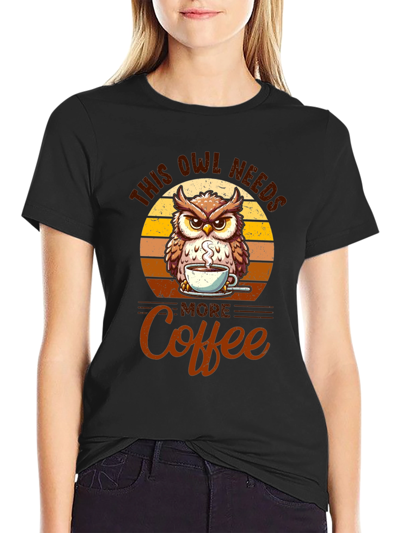 Owl Needs More Coffee Black T-Shirt