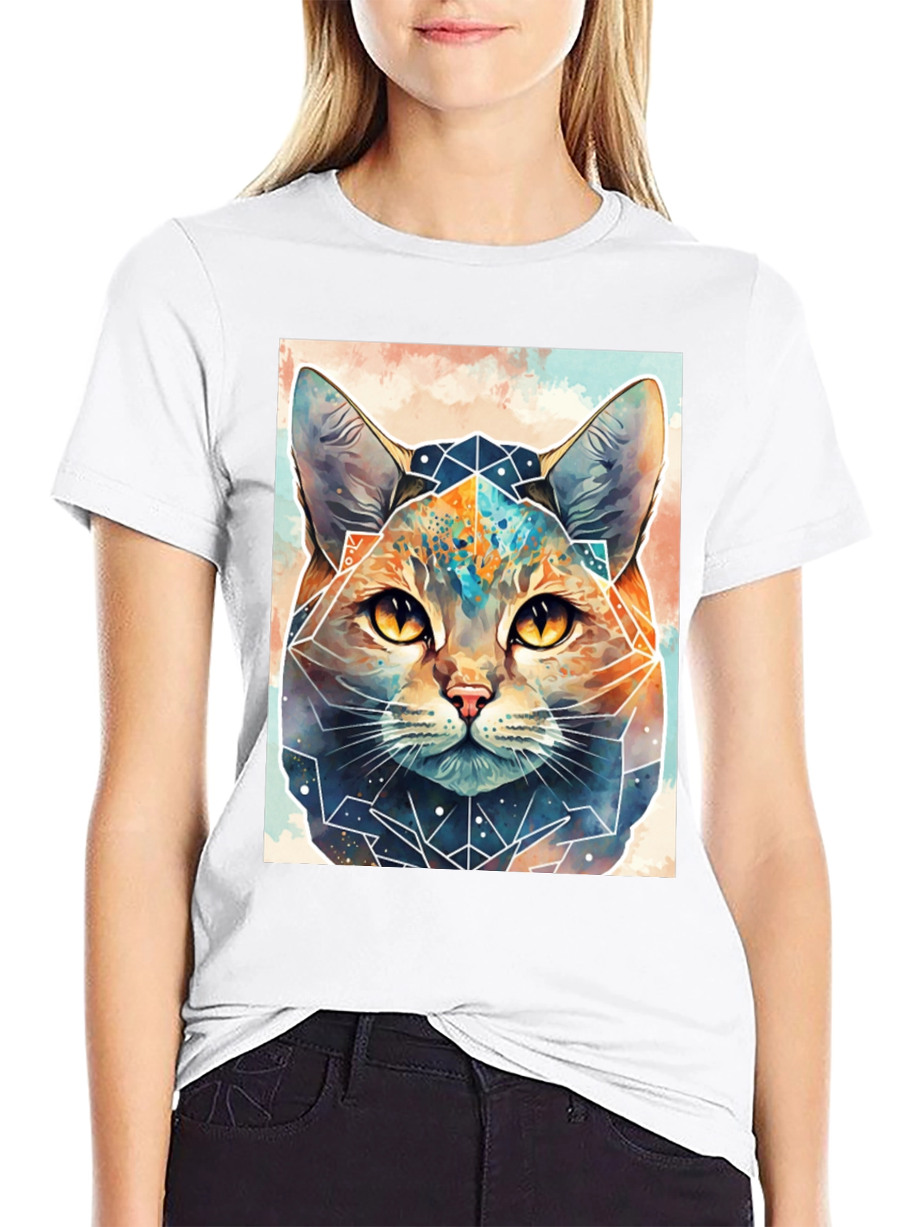 Geometric Cat Graphic Tee - Unique Design
