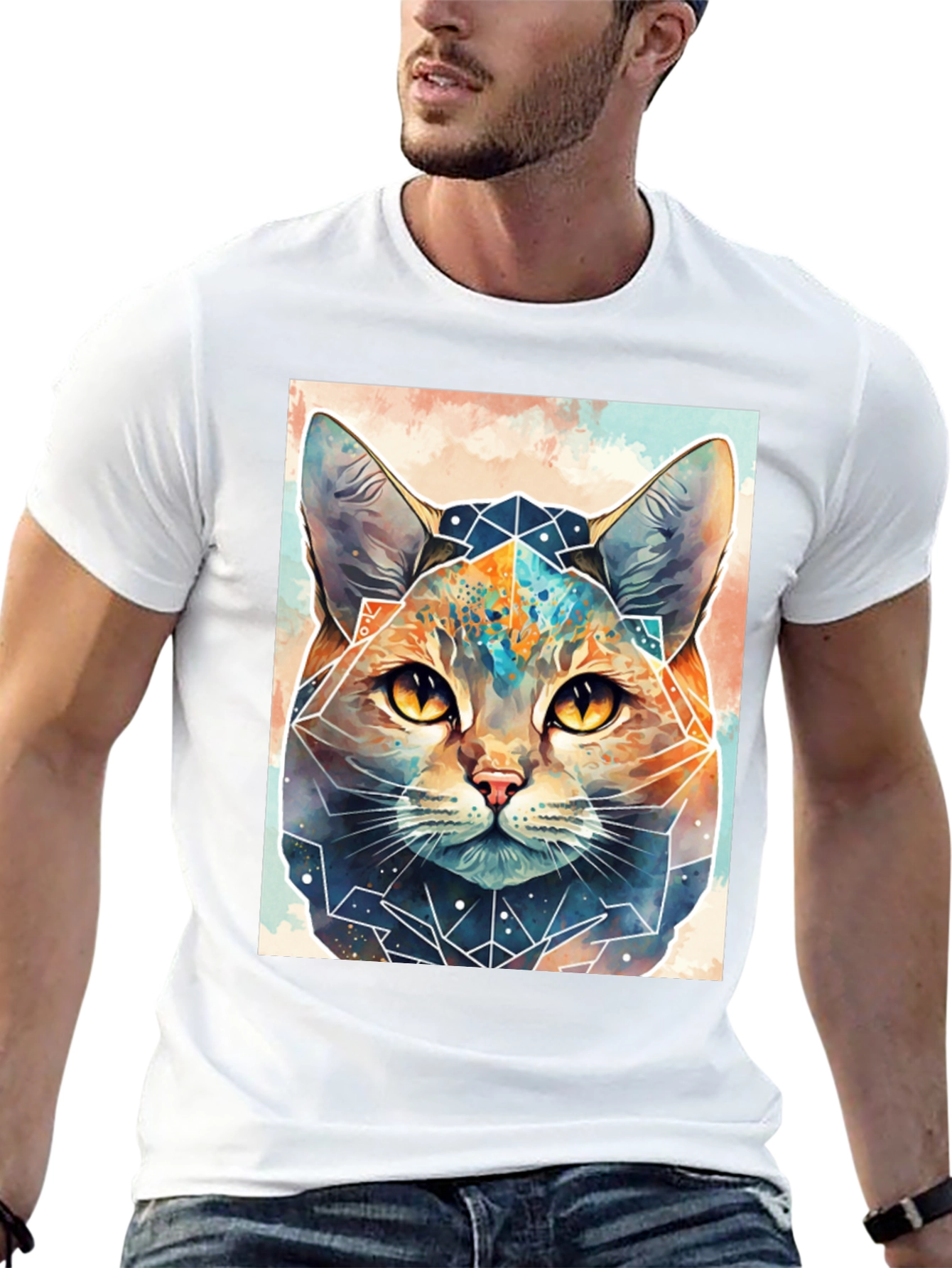 Geometric Cat Graphic Tee - Unique Design