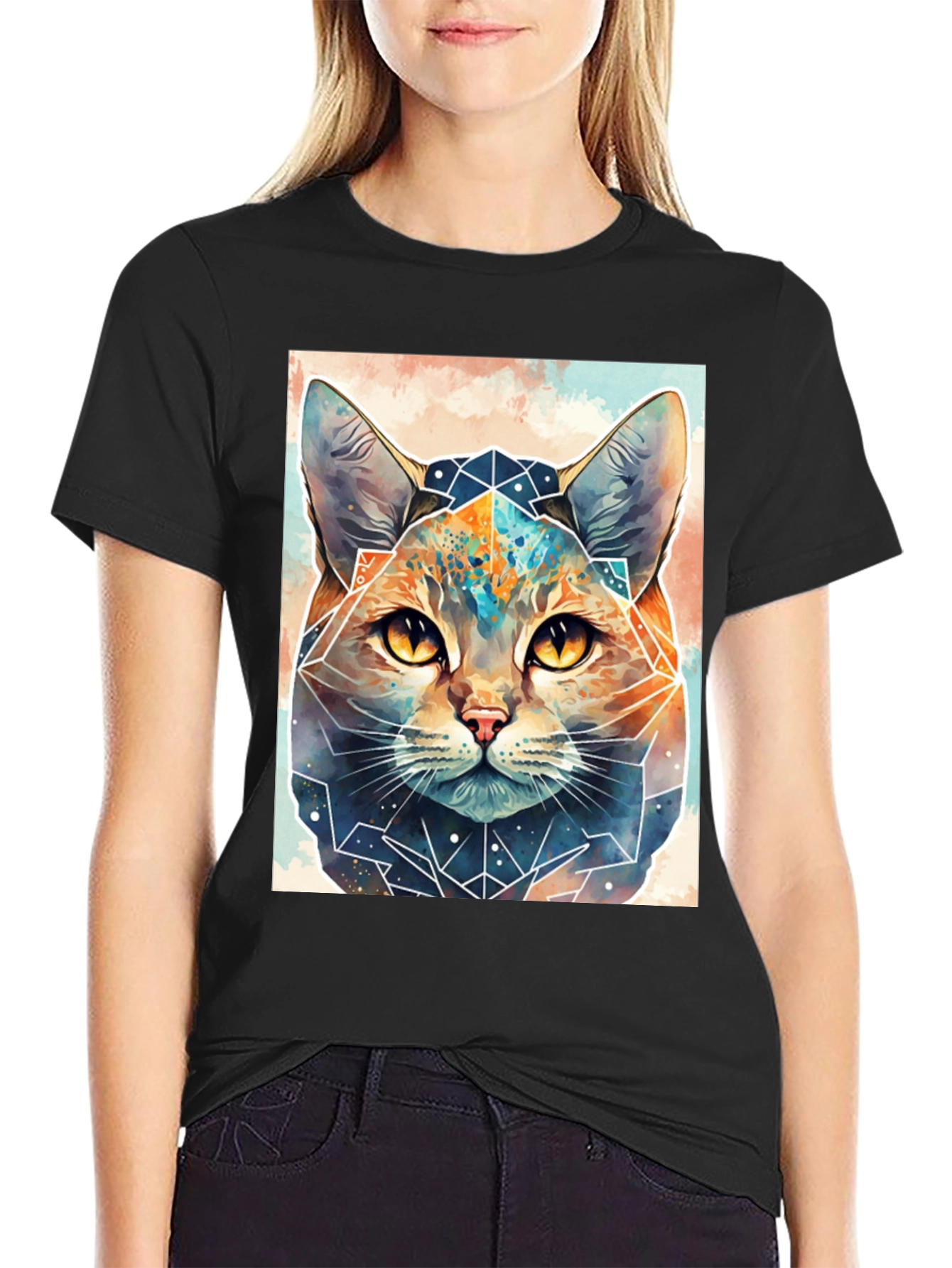 Geometric Cat Graphic Tee - Unique Design