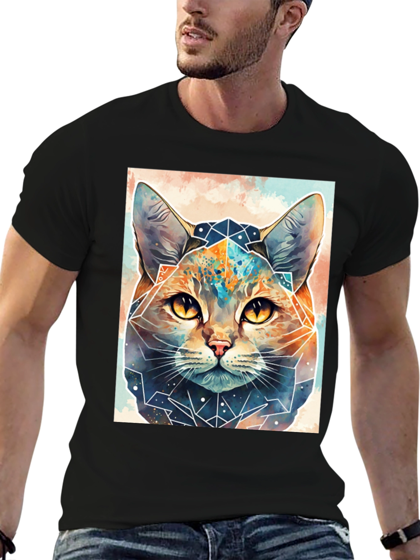 Geometric Cat Graphic Tee - Unique Design