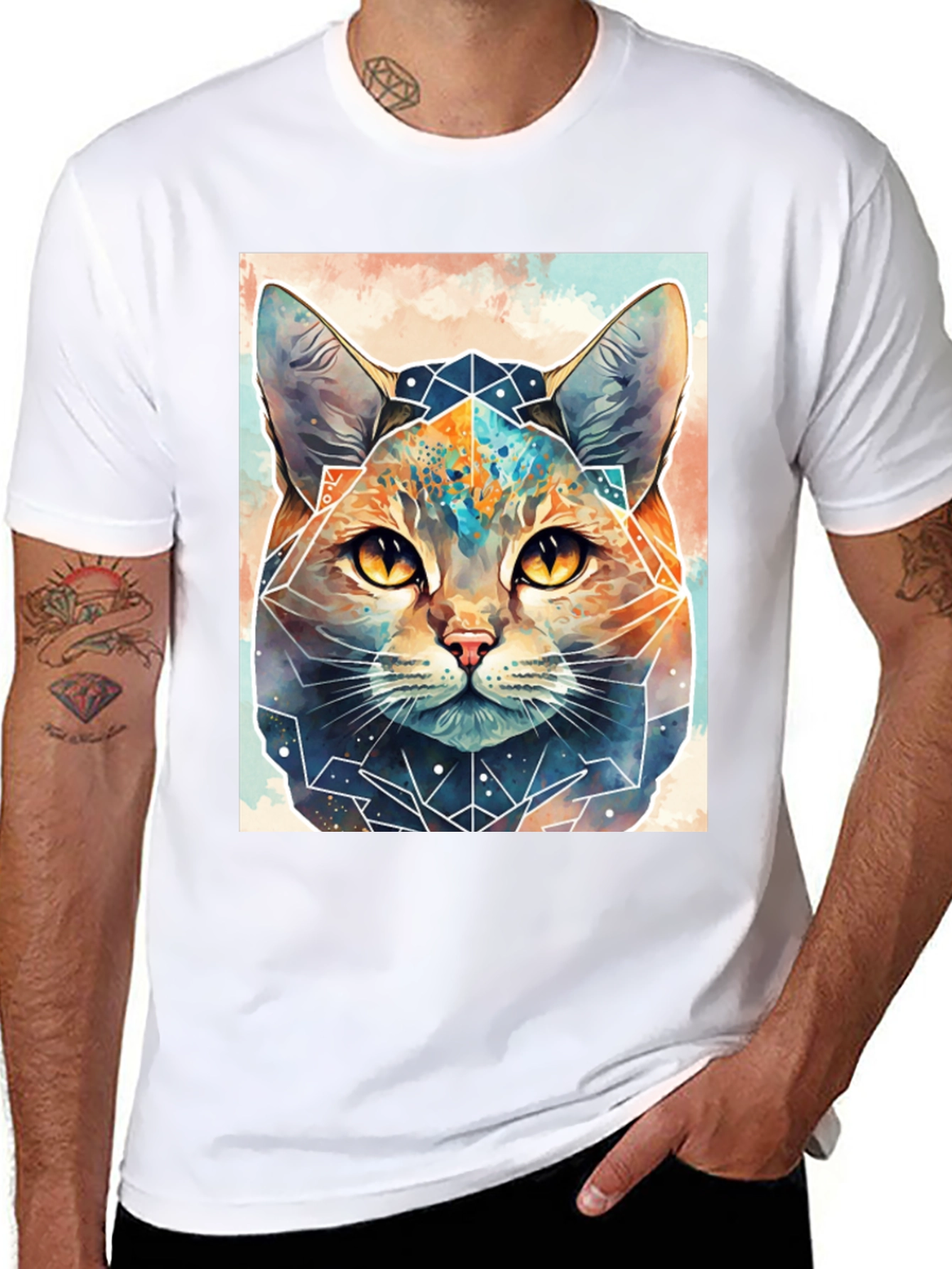 Geometric Cat Graphic Tee - Unique Design