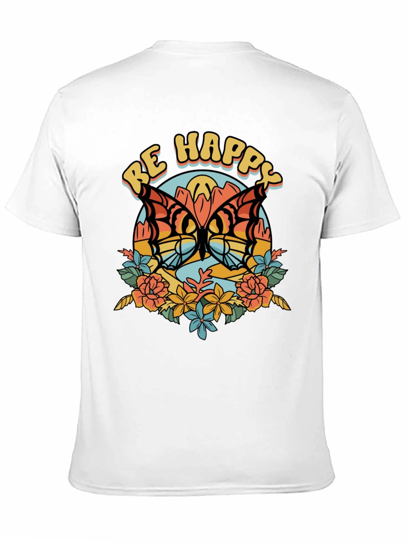 Be Happy Butterfly Graphic Tee - Retro Style