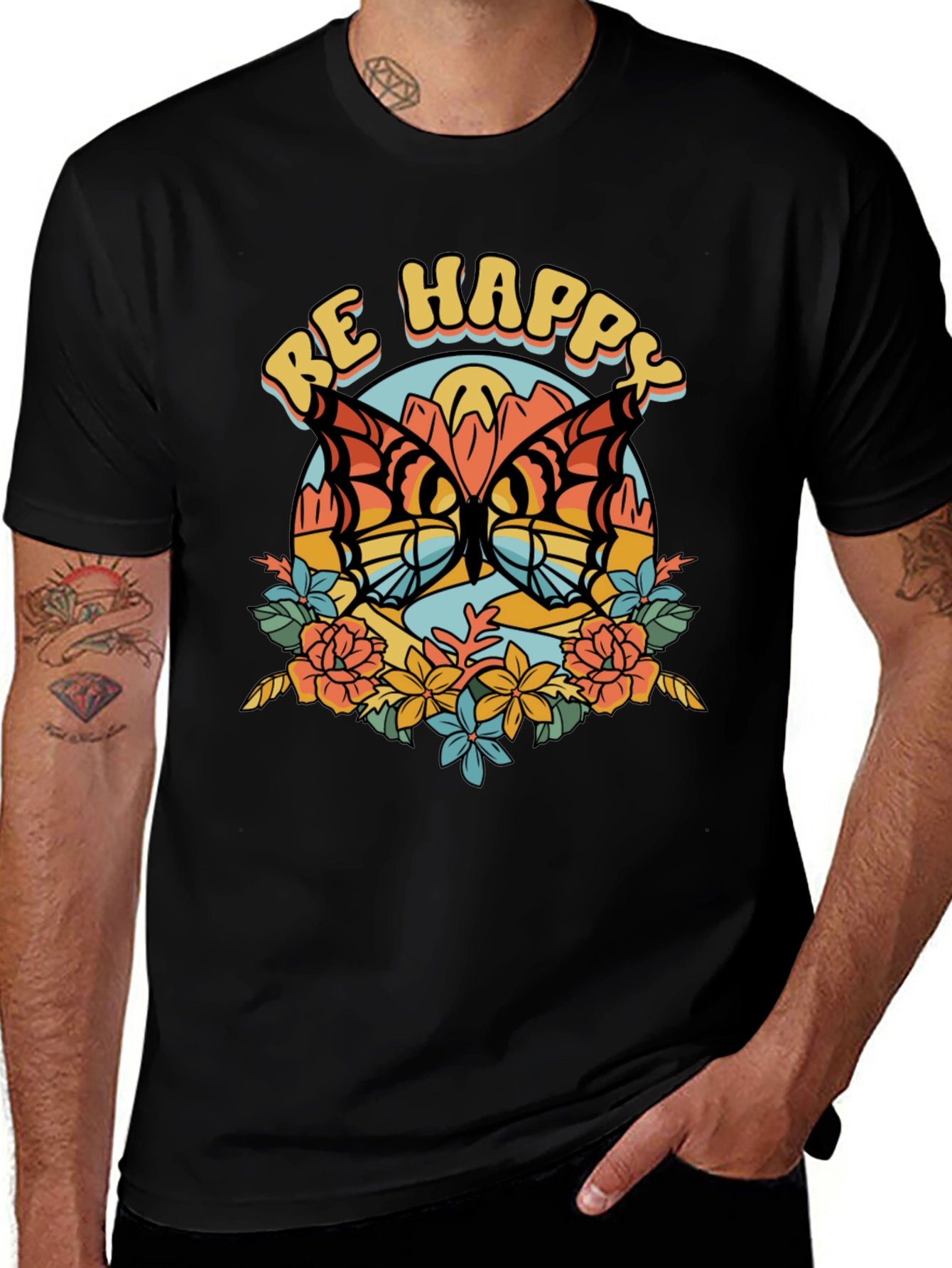 Be Happy Butterfly Graphic Tee - Retro Style