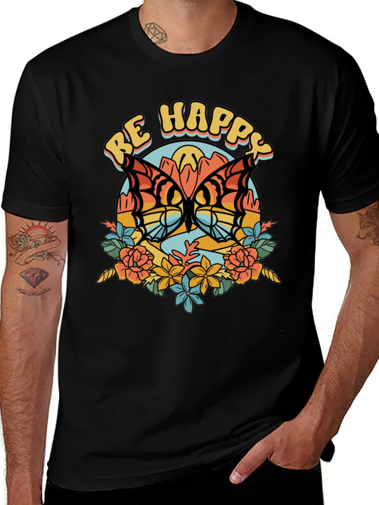 Be Happy Butterfly Graphic Tee - Retro Style