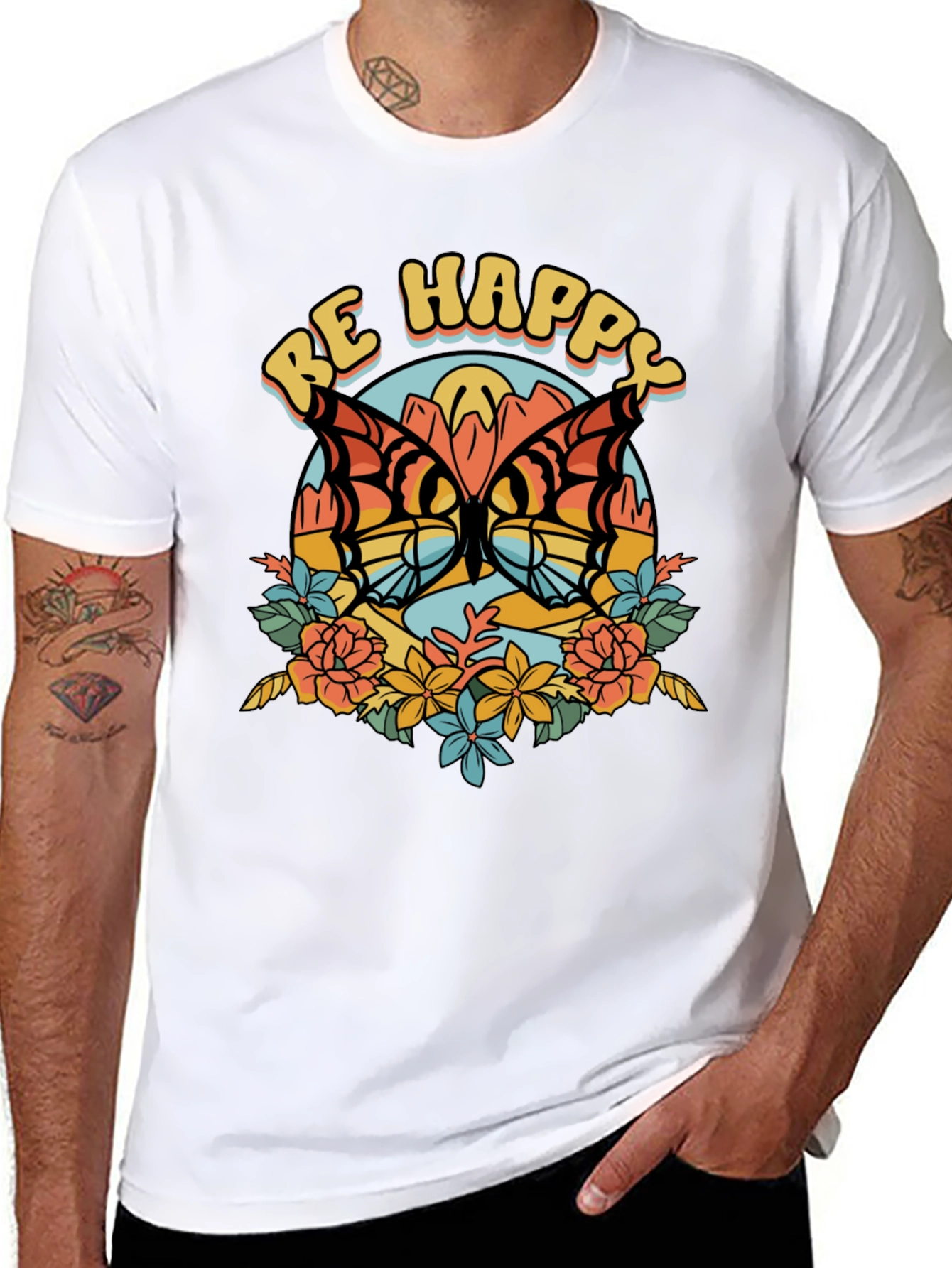 Be Happy Butterfly Graphic Tee - Retro Style