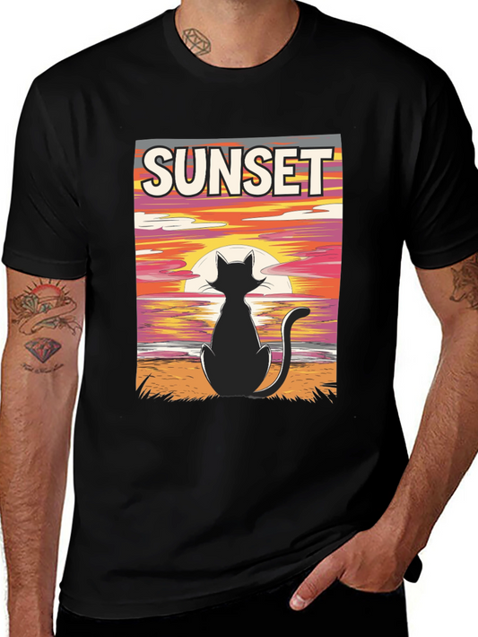 Sunset Cat Graphic T-Shirt - Black