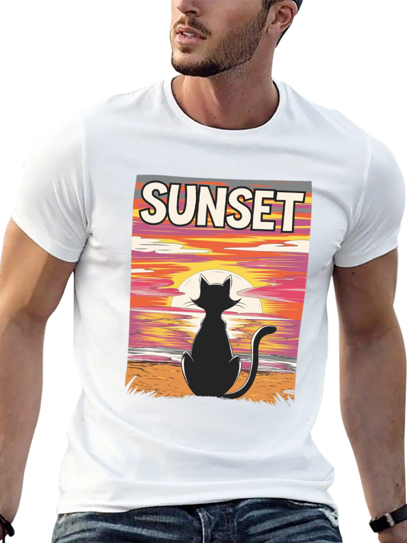 Sunset Cat Graphic T-Shirt - Black