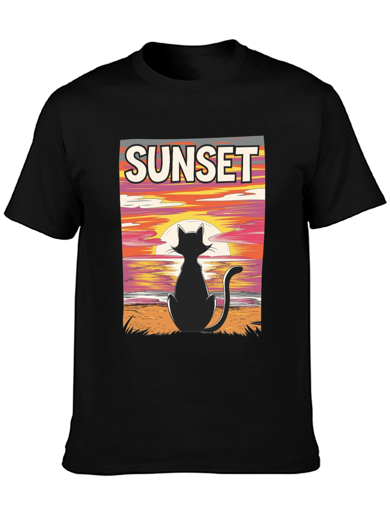 Sunset Cat Graphic T-Shirt - Black