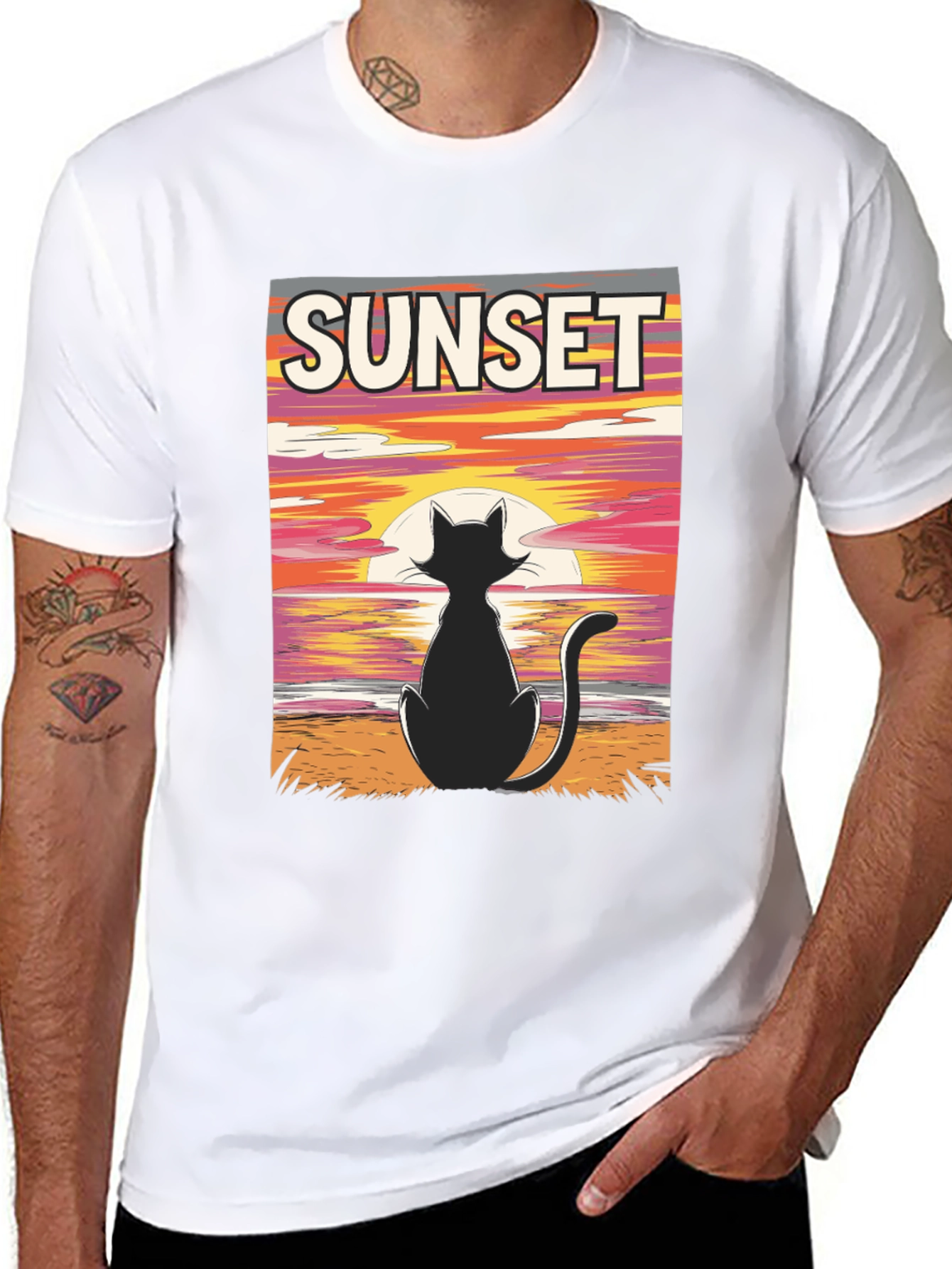 Sunset Cat Graphic T-Shirt - Black