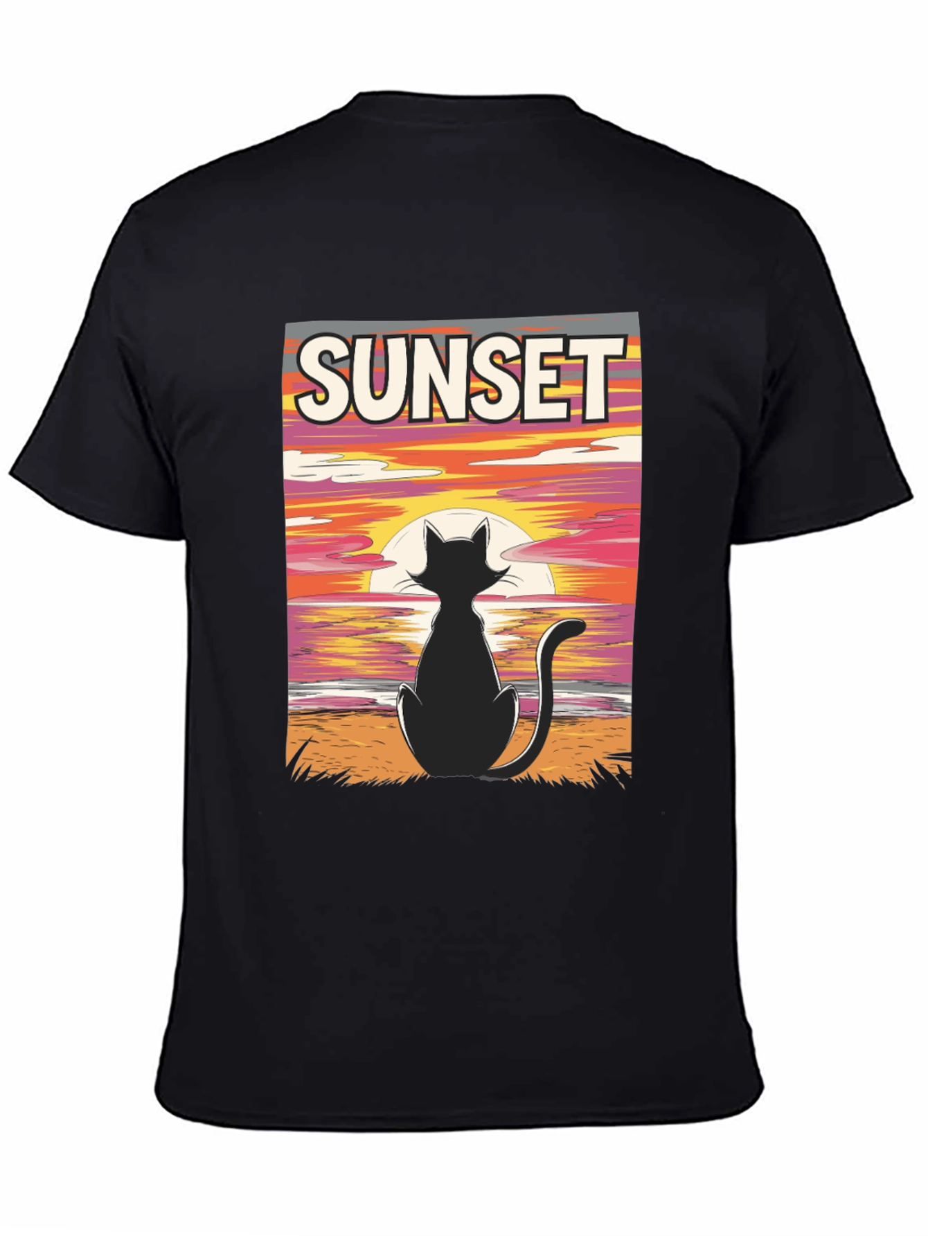 Sunset Cat Graphic T-Shirt - Black