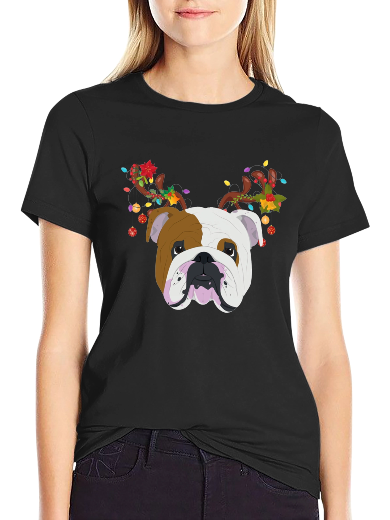 Bulldog Christmas Antlers T-Shirt
